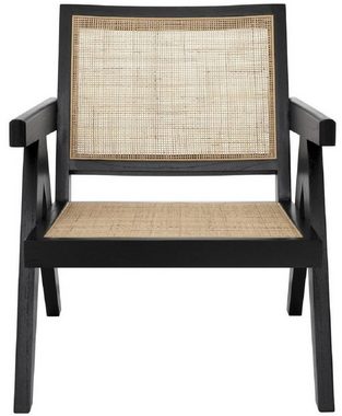 Casa Padrino Besucherstuhl Designer Stuhl Schwarz / Naturfarben 58 x 82 x H. 70 cm - Massivholz Stuhl mit Armlehnen und handgewebtem Rattangeflecht - Luxus Wohnzimmer Möbel