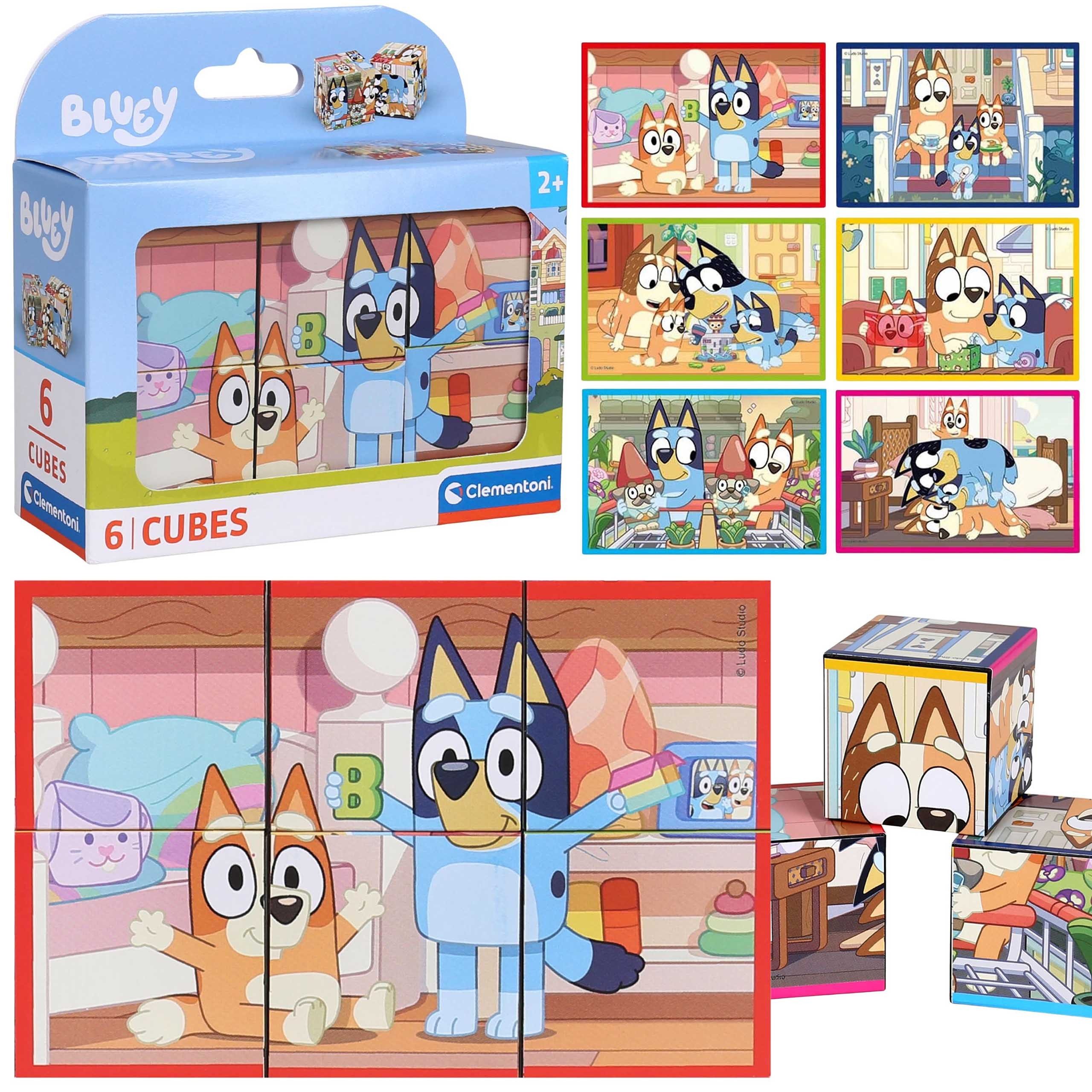 Sarcia.eu Bluey Würfelbausteine für Kinder, 6 Clementoni-Bausteine Konstruktionsspielsteine