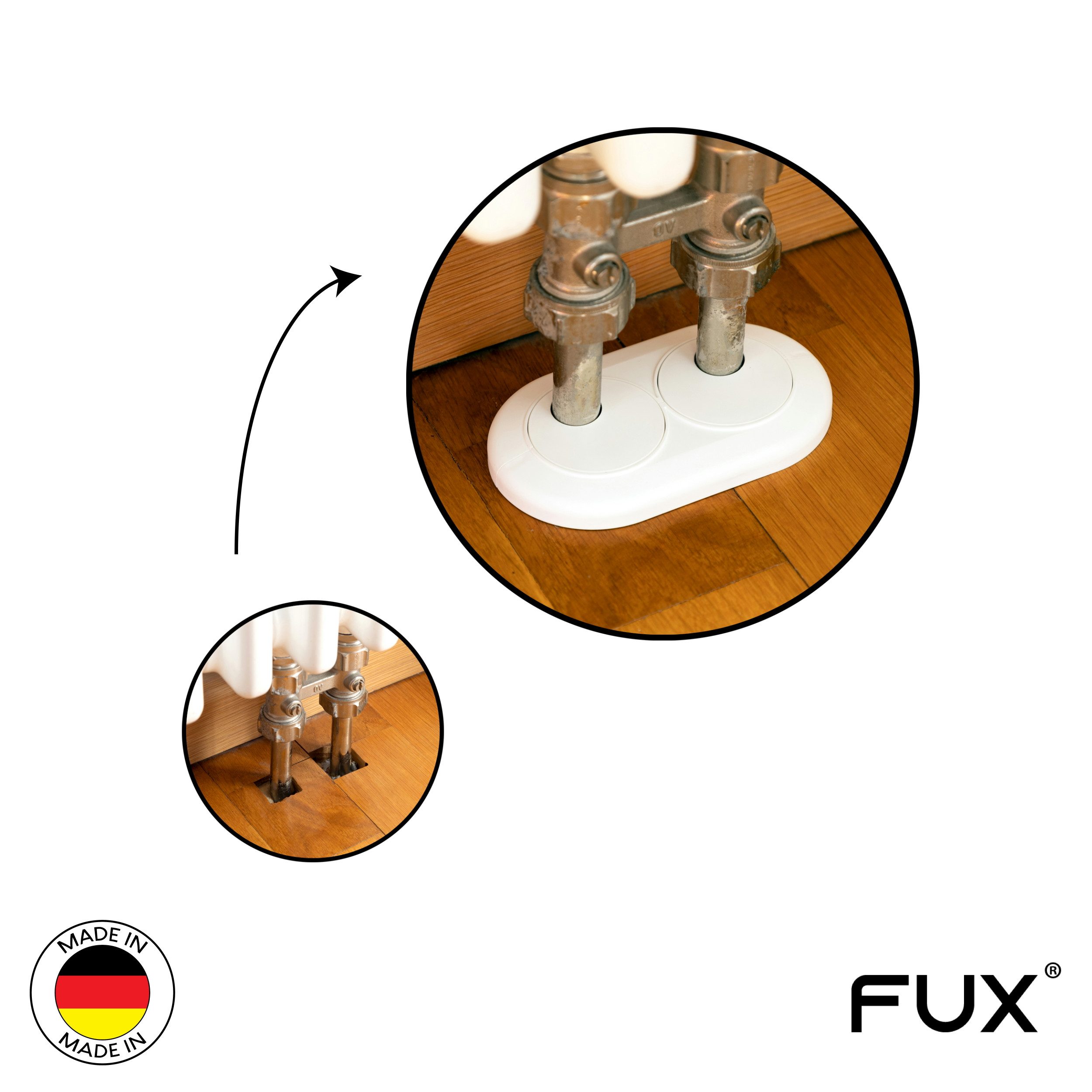 FUX Heizungsverkleidung Doppel Heizungsrohr Rosette, Rohrabstand variabel, Rohrabdeckung, Zubehör für Heizkörper, Abdeckungen Heizungsrohr
