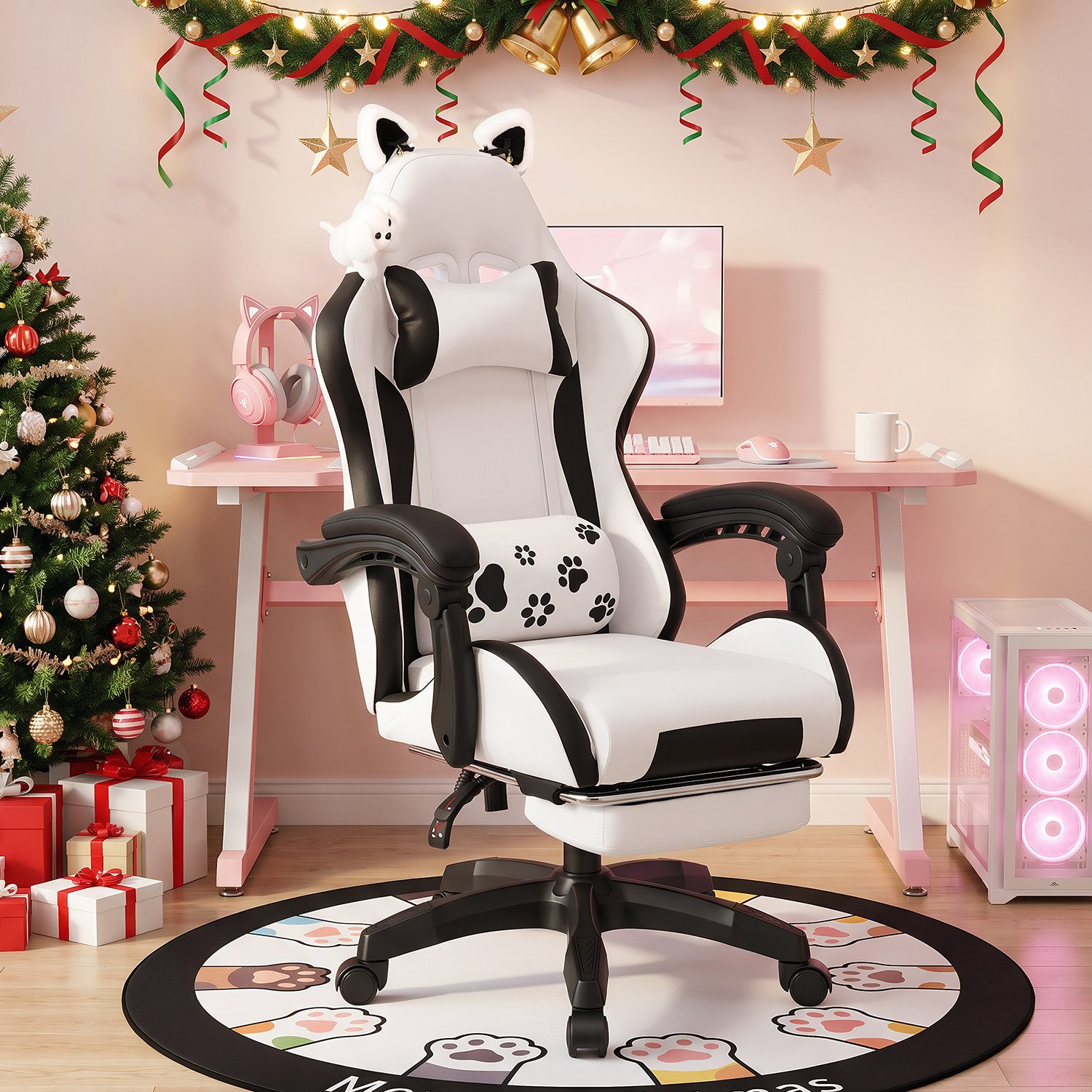 oyajia Gaming-Stuhl Bürostuhl Ergonomisch mit Kopfstütze und Katzenohren, PU-Leder (Gamer Stuhl, Racing Computerstuhl PC Stuhl mit Fußstütze Kopfstütze, 1 St), 115-125cm verstellbare Sitzhöhe, mit Lendenwirbelstütze