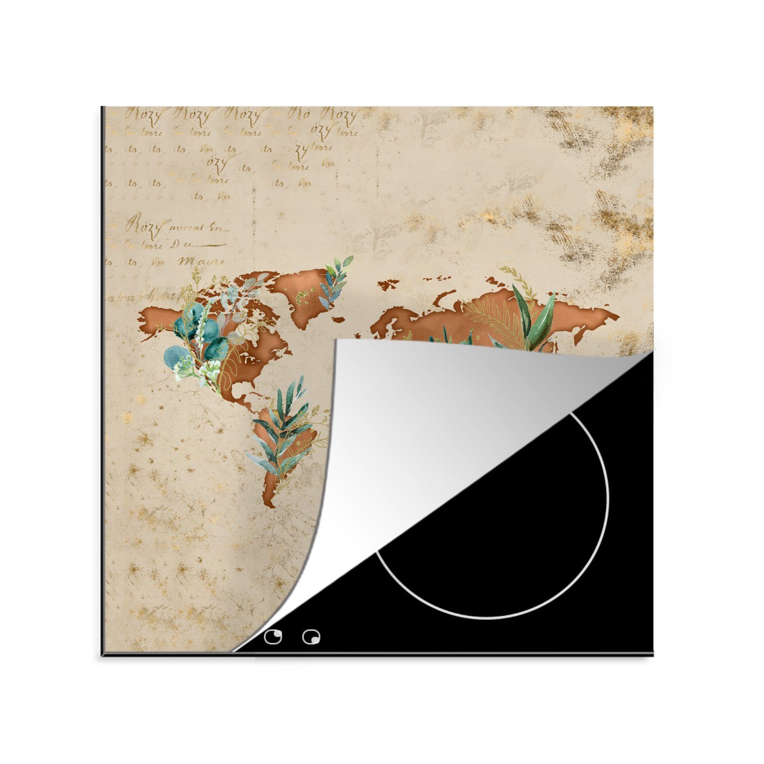 MuchoWow Herdblende-/Abdeckplatte Weltkarte - Retro - Pflanzen, Vinyl, (1 tlg), 78x78 cm, Ceranfeldabdeckung, Arbeitsplatte für küche