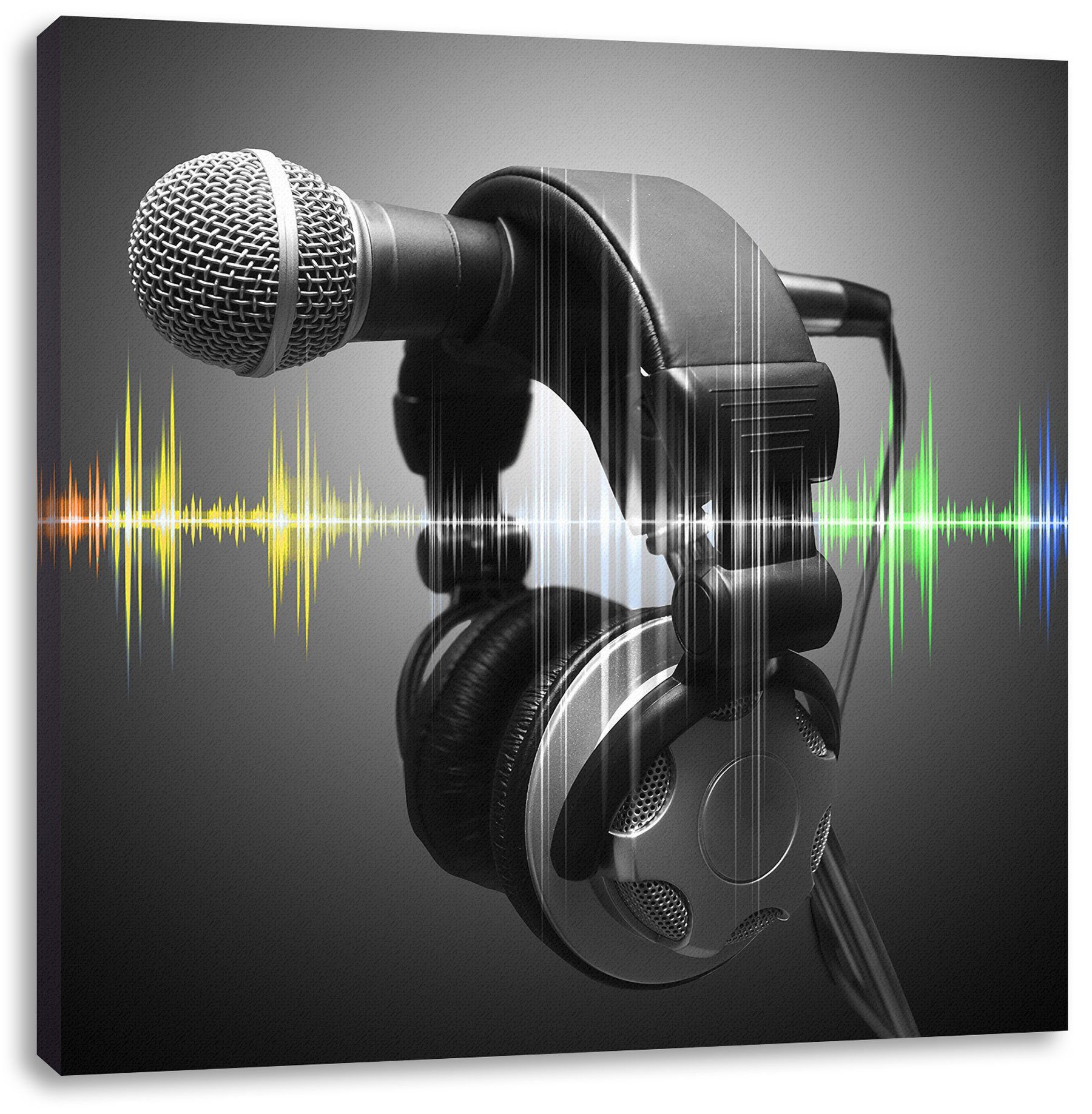 Pixxprint Leinwandbild Mikrofon mit Kopfhörern, Mikrofon mit Kopfhörern (1 St), Leinwandbild fertig bespannt, inkl. Zackenaufhänger