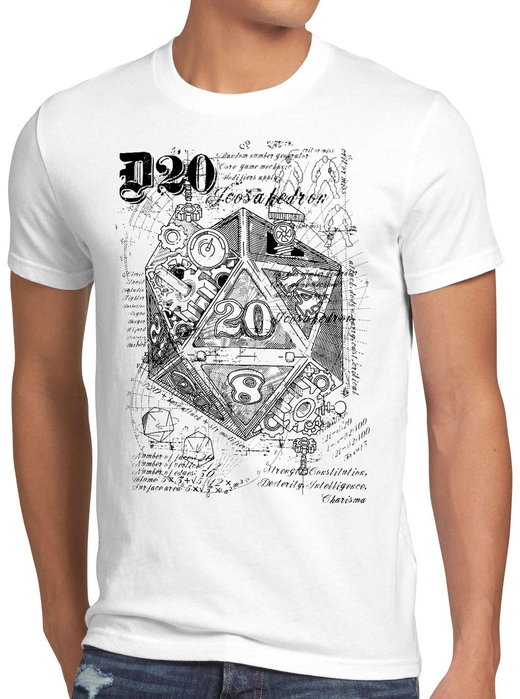 style3 Print-Shirt Herren T-Shirt D20 Da Vinci dragons würfel dungeon weiß