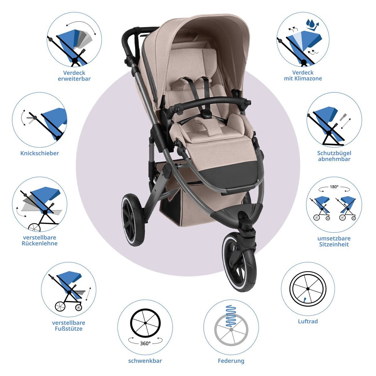 ABC Design Sportbuggy Salsa 5 Run - Pure - Camel, Jogger Sportwagen mit Liegefunktion & Luftreifen, höhenverstellbar