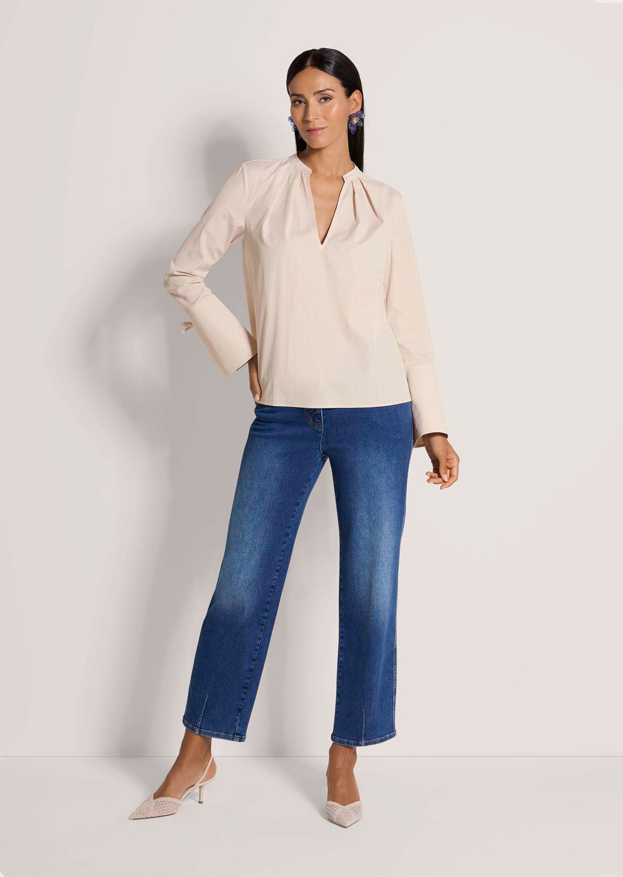 MADELEINE Langarmbluse Blusenshirt mit Streifendesign Baumwollbluse mit Rundhalsblende mit V-Ausschnitt und Langarm