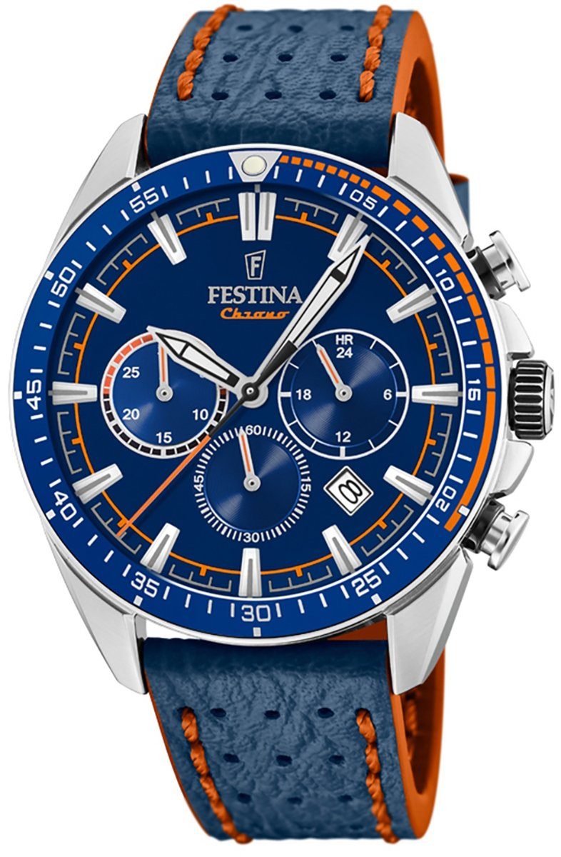 Festina Chronograph Festina Herren Uhr F20377/2 Leder, (Armbanduhr), Herren  Armbanduhr rund, Lederarmband blau, orange