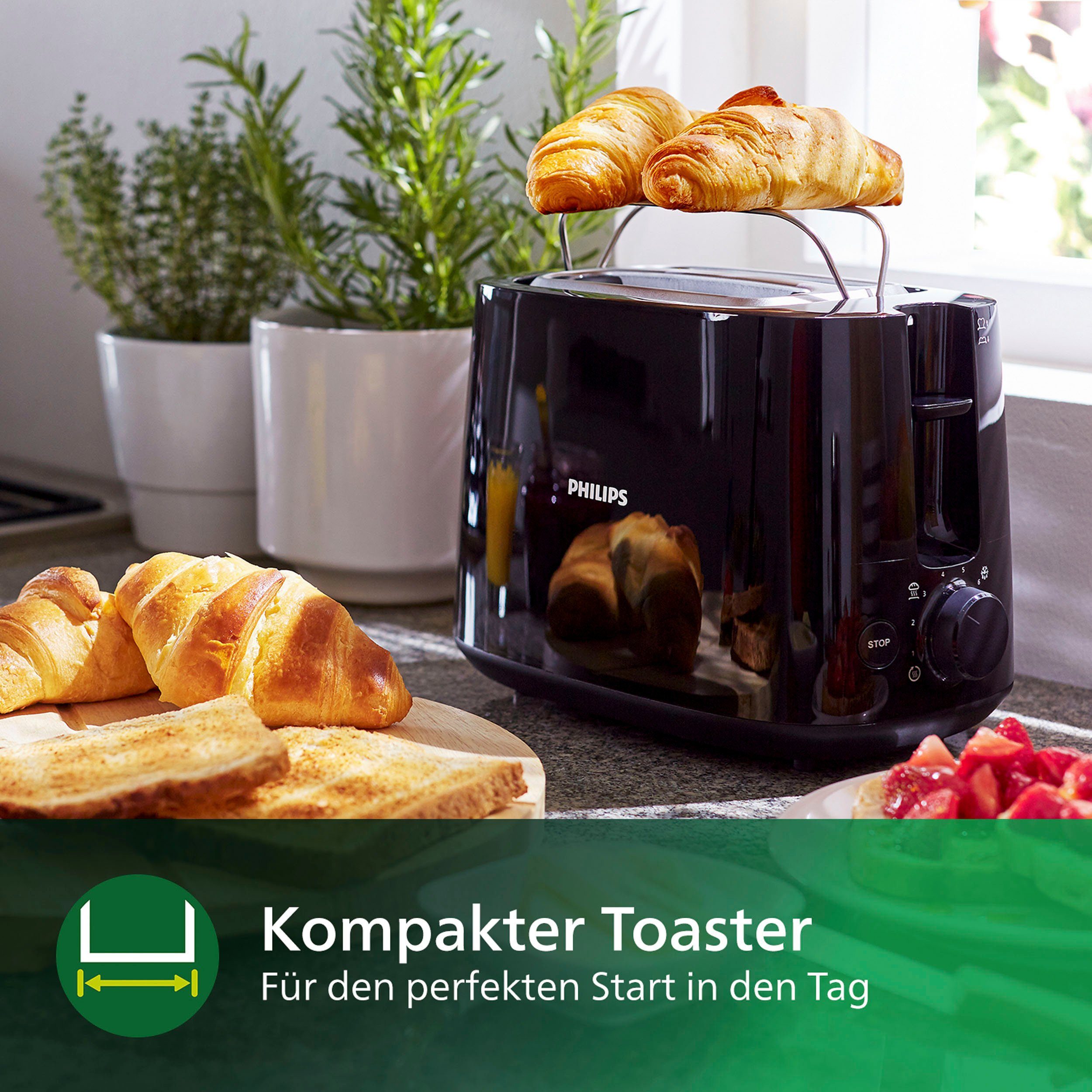 Philips Toaster HD2581/90 Daily Collection, 2 kurze Schlitze, für 2 Scheiben, 830 W, Brötchenaufsatz, Krümelschublade, 8 Bräunungsstufen, Schwarz