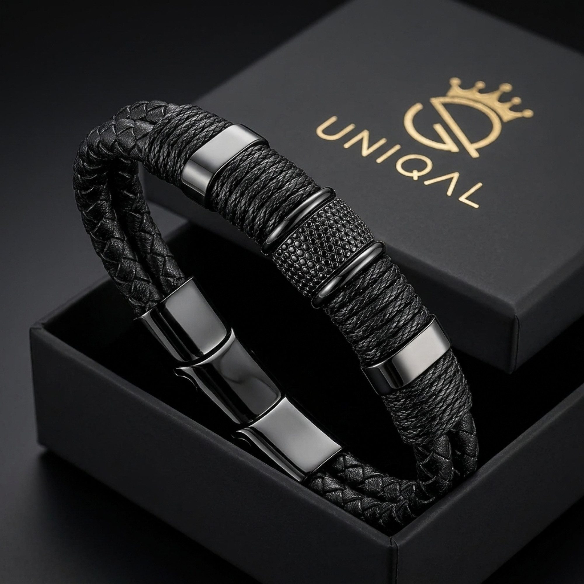 UNIQAL.de Lederarmband PREMIUM STYLE Geflochtenes Echtleder mit Edelstahl & Magnetverschluss (elegantes Accessoire für Männer, Business & Freizeit, Zeitlose Ges – Bild 2 von 5