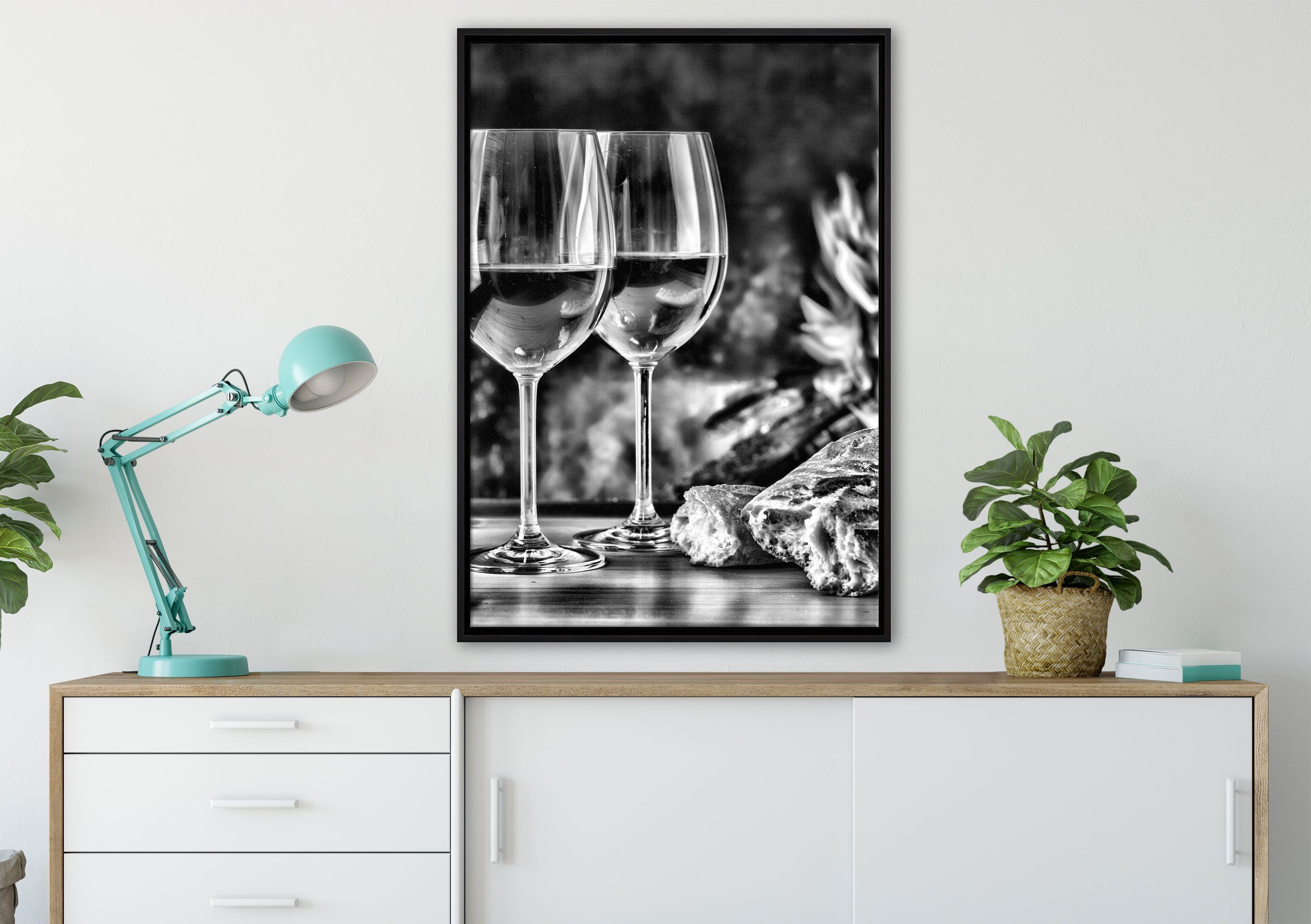 Pixxprint Leinwandbild Baguette Wein Schattenfugen-Bilderrahmen gefasst, St), Leinwandbild bespannt, inkl. in (1 Alkohol, einem fertig Wanddekoration Zackenaufhänger
