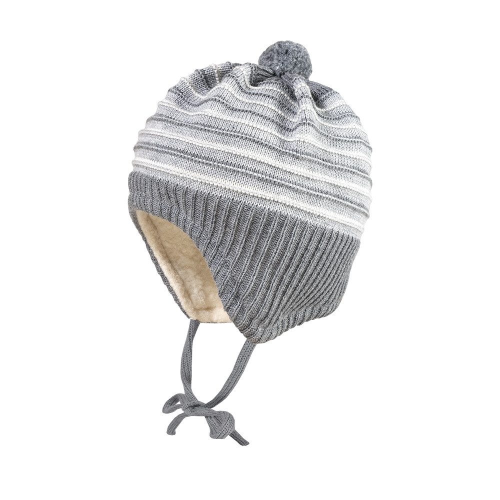Strickmütze GOTS BABY-Mütze, ausgenäht Ripp-Ringel-Mix Teddyfutter, Pompon, Band