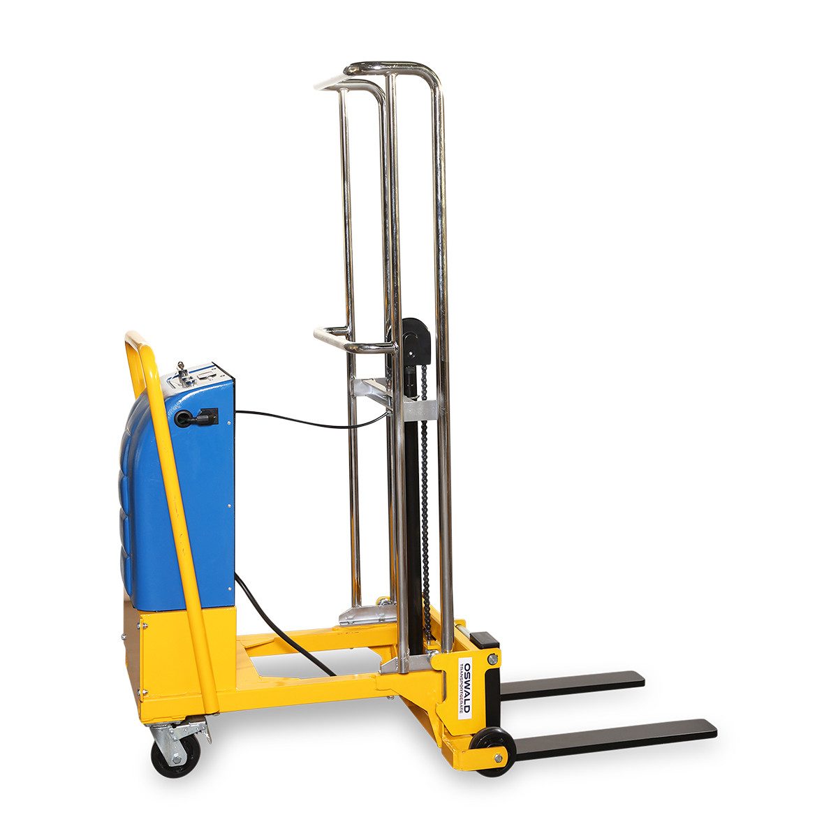 OSWALD Transportgeräte Gabelhubwagen Mini-Stapler MS250 250 kg - 140 cm Hubhöhe - semi-elektrisch, (MS250), Heben/Senken elektrisch, Fahren manuell - Internes Ladegerät 220 V