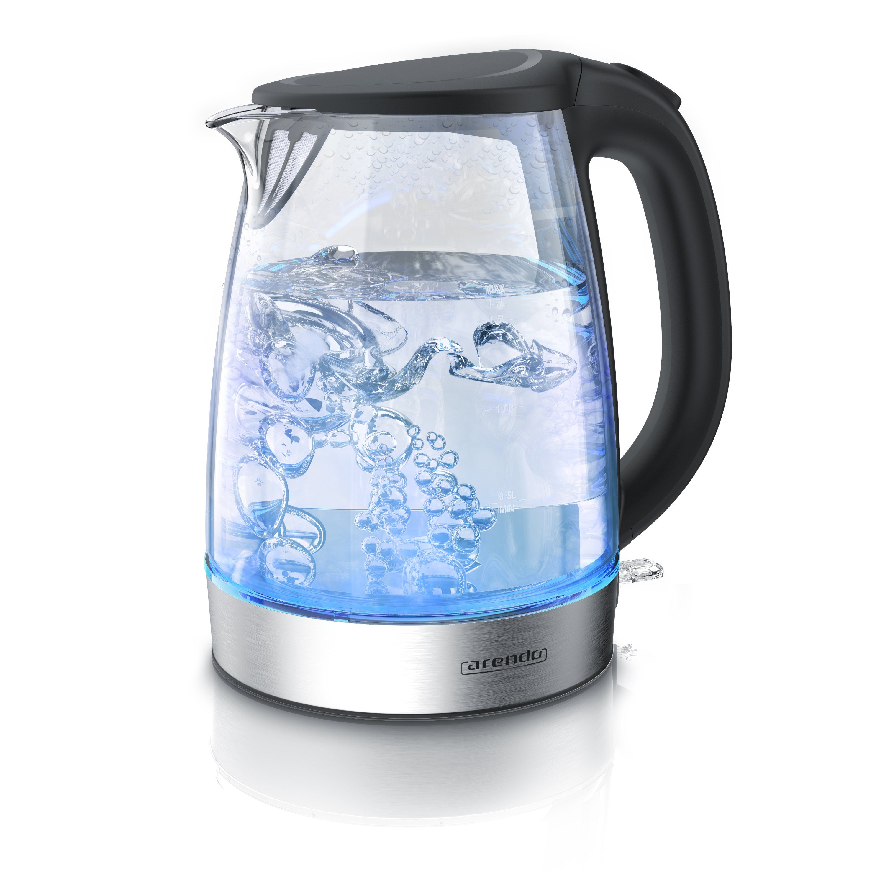 Arendo Wasserkocher, 1,7 l, 2200 W, Edelstahl & Glas, LED Beleuchtung, Überhitzungs & Trockengehschutz