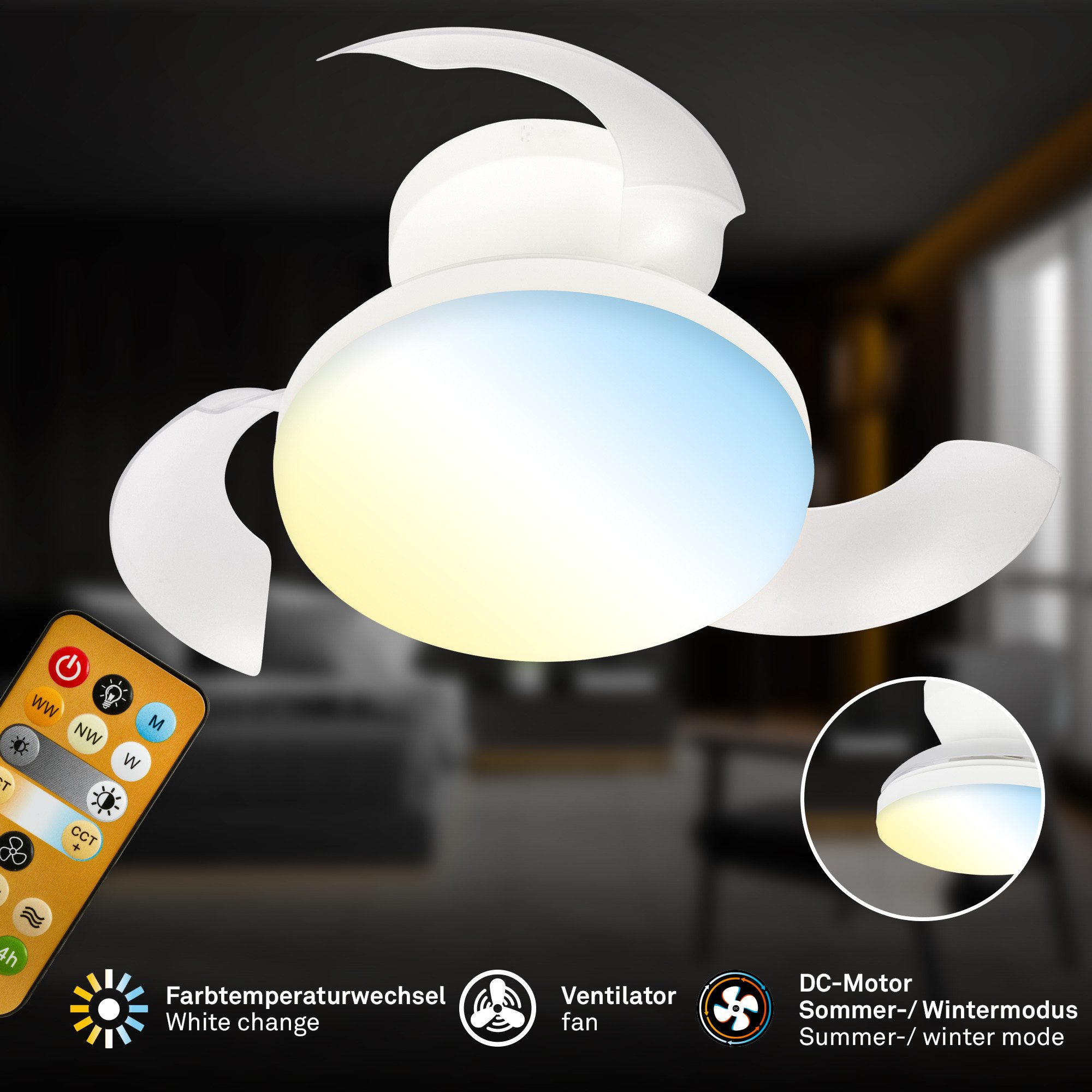 Briloner Leuchten LED Deckenleuchte mit Ventilator dimmbar CCT Deckenventilator mit Licht Schlafzimmer, LED fest integriert, CCT, 3000-6500K, 78x26 cm, Schlafzimmer, Wohnzimmer, Esszimmer, Flur, Küche