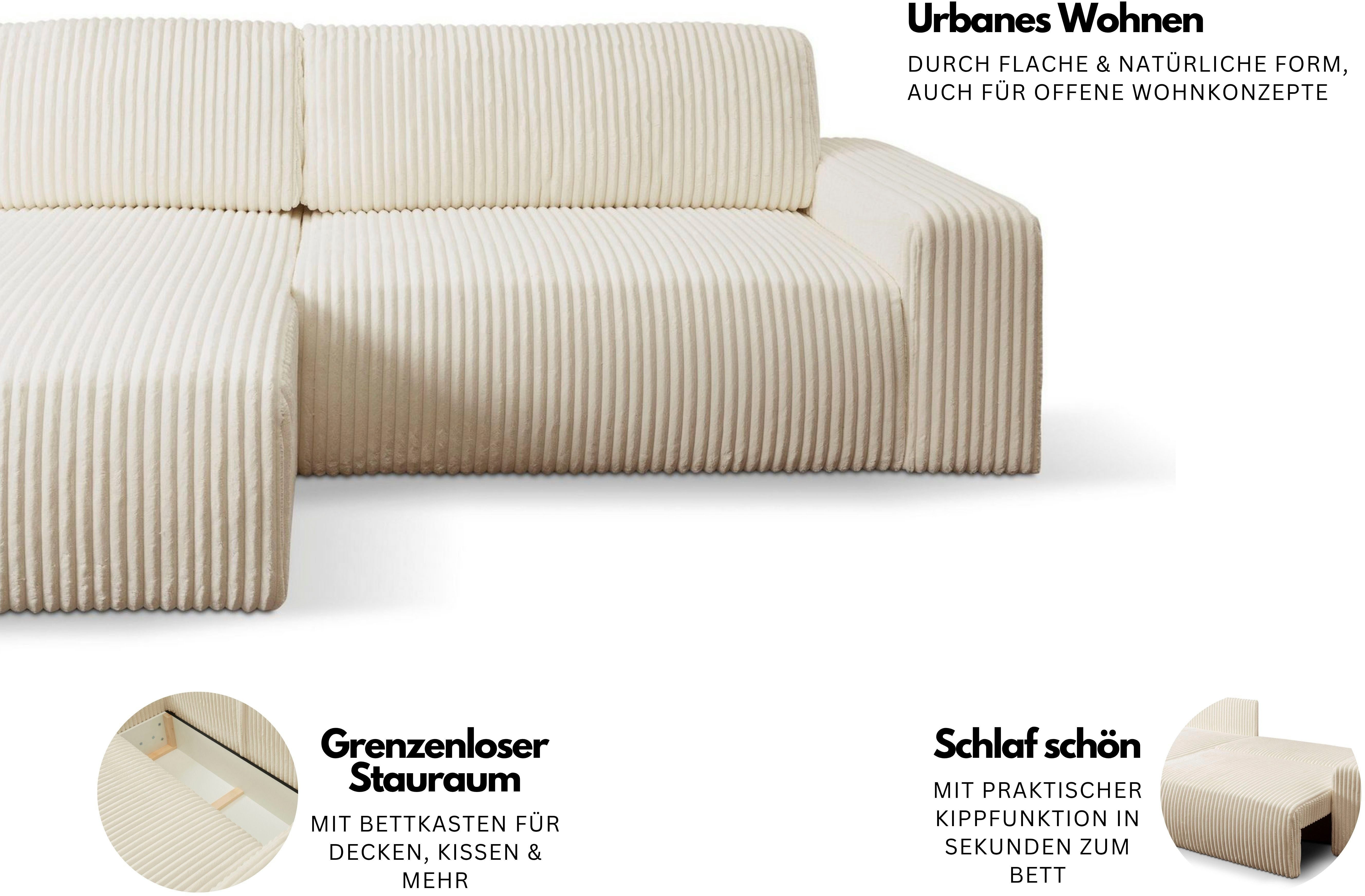WERK2 Ecksofa Rotterdam-L, kuschelweicher Cord oder Breitcord, L-Form, Breite 267 cm, Design Ecksofa mit Schlaffunktion & Bettkasten, Cord, Hellgrau/Beige