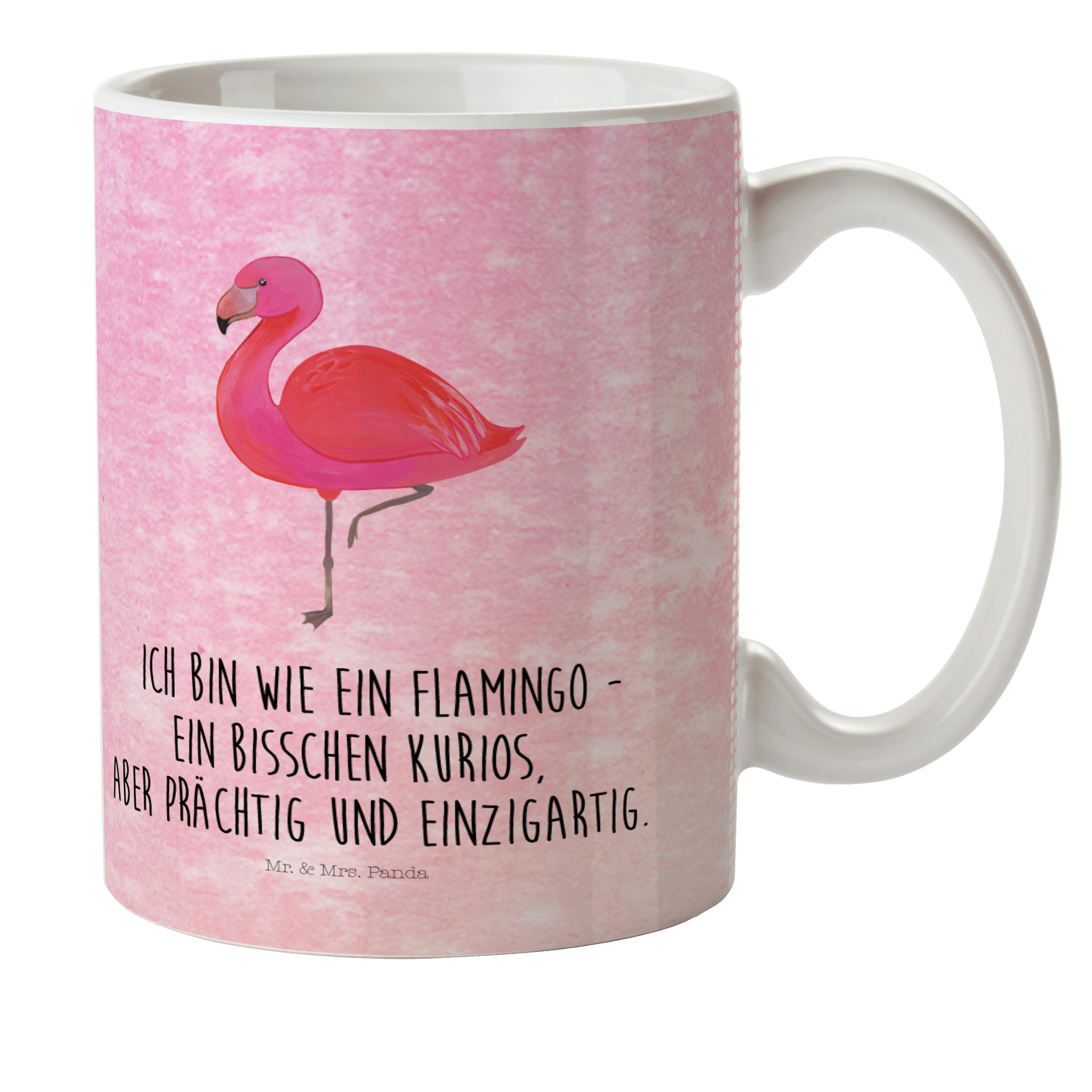 Mr. & Mrs. Panda Kinderbecher Flamingo classic - Aquarell Pink - Geschenk, Kunststoffgeschirr, einz, Kunststoff