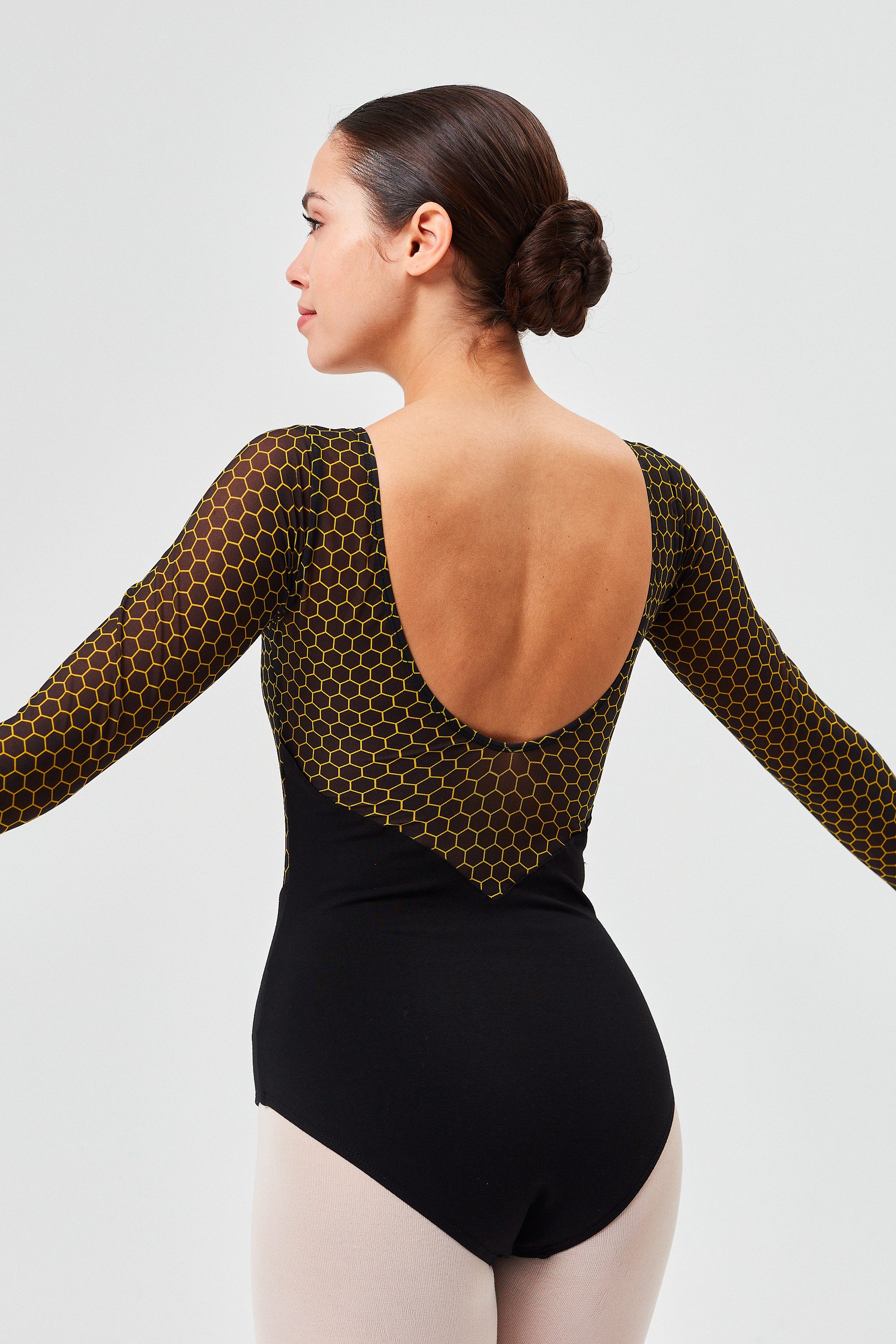 tanzmuster Body Langarm Damen Ballett Trikot Bianca Tanzbody mit Mesh Einsätzen