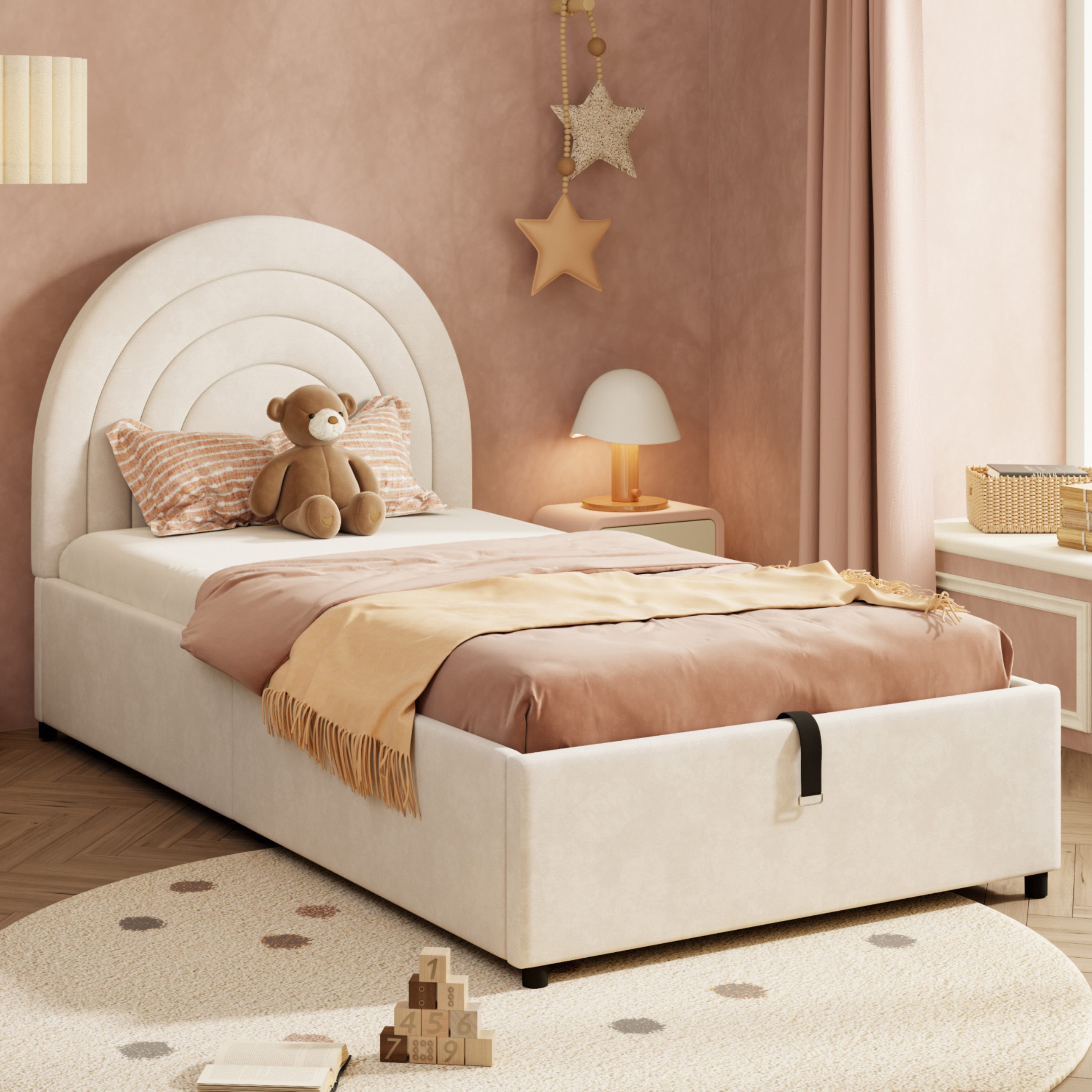 MODFU Polsterbett Stauraumbett Kinderbett mit gepolstertem Kopfteil (Einzelbett, Jugendbett, 1-tlg., 90*200 cm, ohne Matratze, Samt), mit hydraulischem Stauraum und geräuschdämpfenden Füßen
