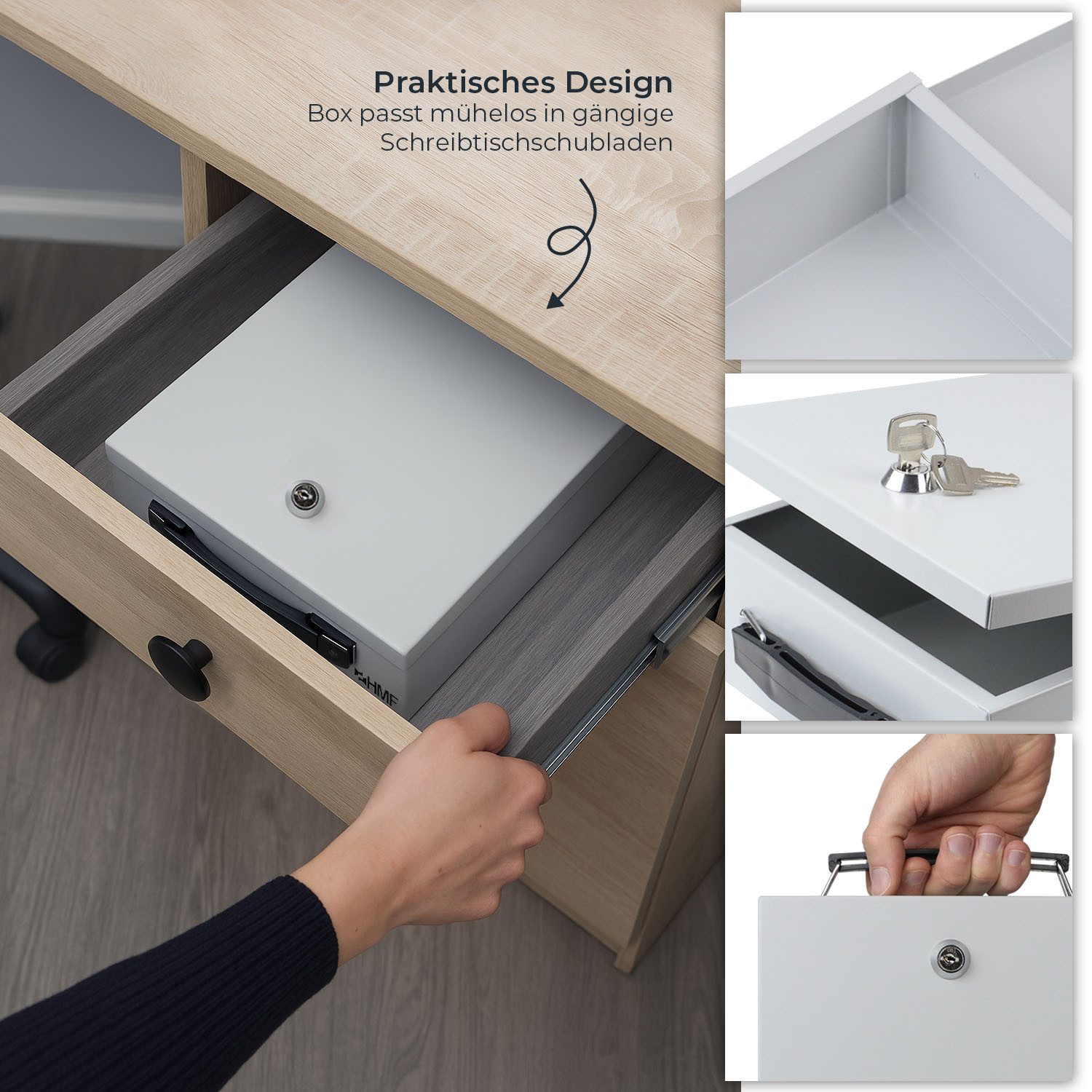 HMF Geldkassette Abschließbare Dokumentenkassette DIN A5, Dokumentenbox, 27 x 20,5 x 8 cm, Lichtgrau