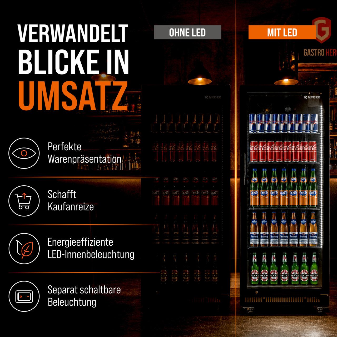 GastroHero Getränkekühlschrank Flaschenkühlschrank 360 L mit Glastür, LED & Schloss, schwarz GKSE360, 175.2 cm hoch, 62 cm breit, Flaschenkühlschrank, Klimaklasse 4, Energieeffizienz B