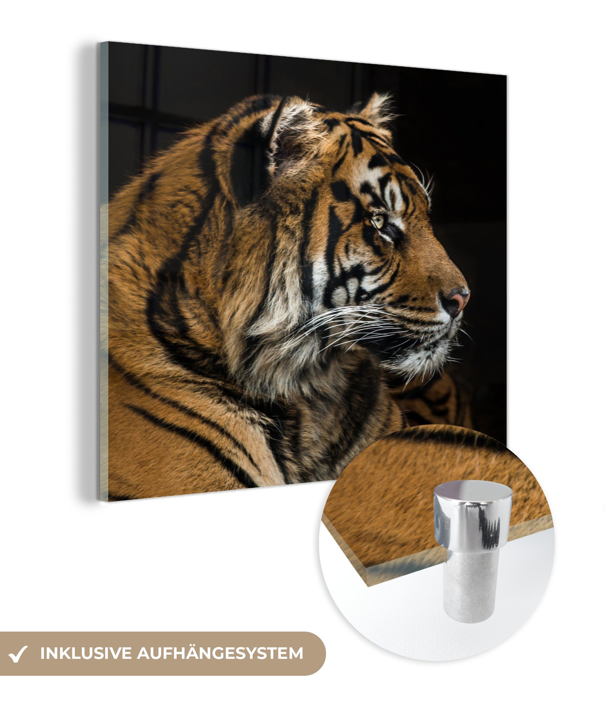 MuchoWow Acrylglasbild Tiger - Tierkopf - Schwarz, (1 St), Glasbilder - Bilder auf Glas Wandbild - Foto auf Glas - Wanddekoration