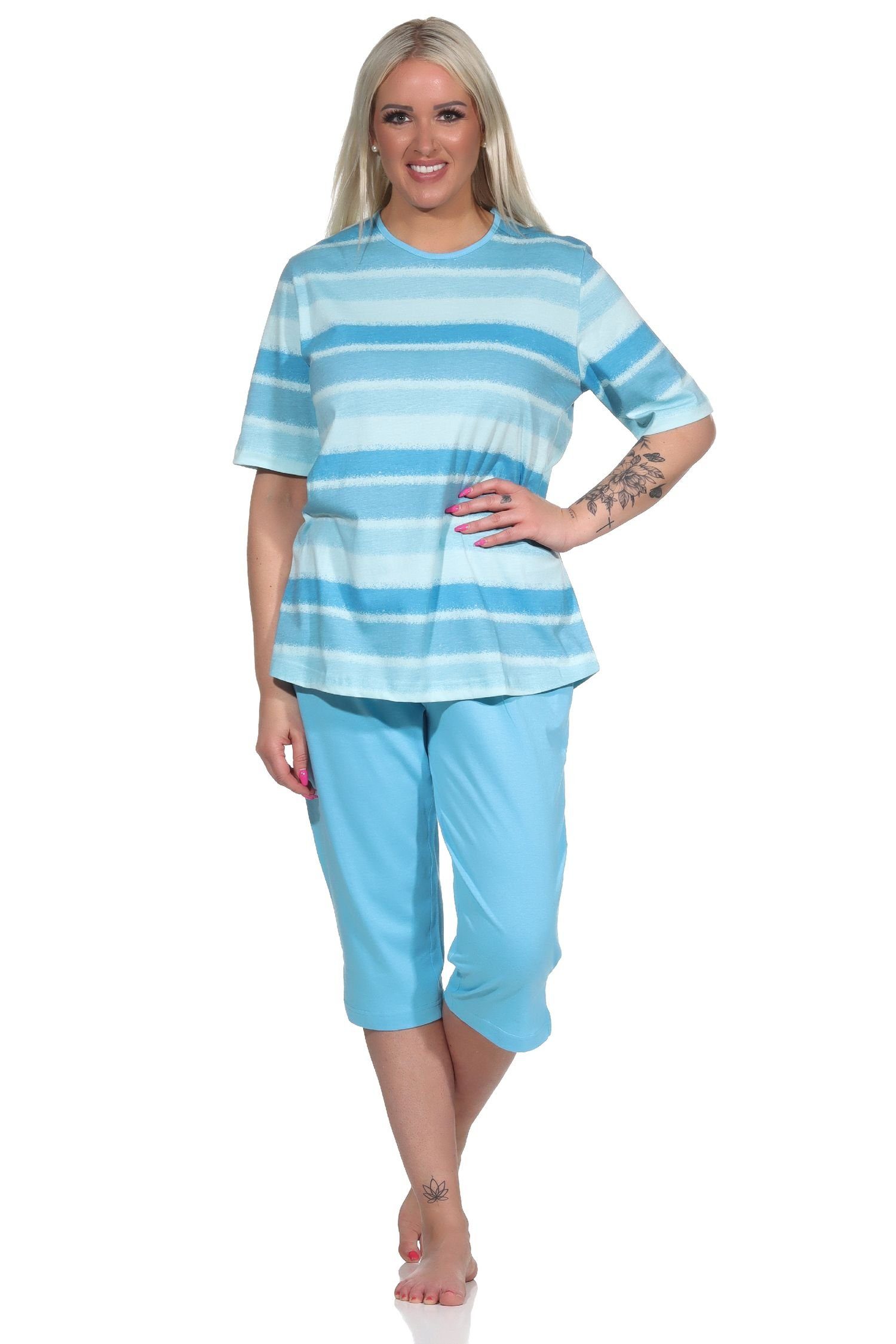 Normann Pyjama Damen Capri Schlafanzug kurzarm Pyjama im farbenfrohen Streifen Look blau