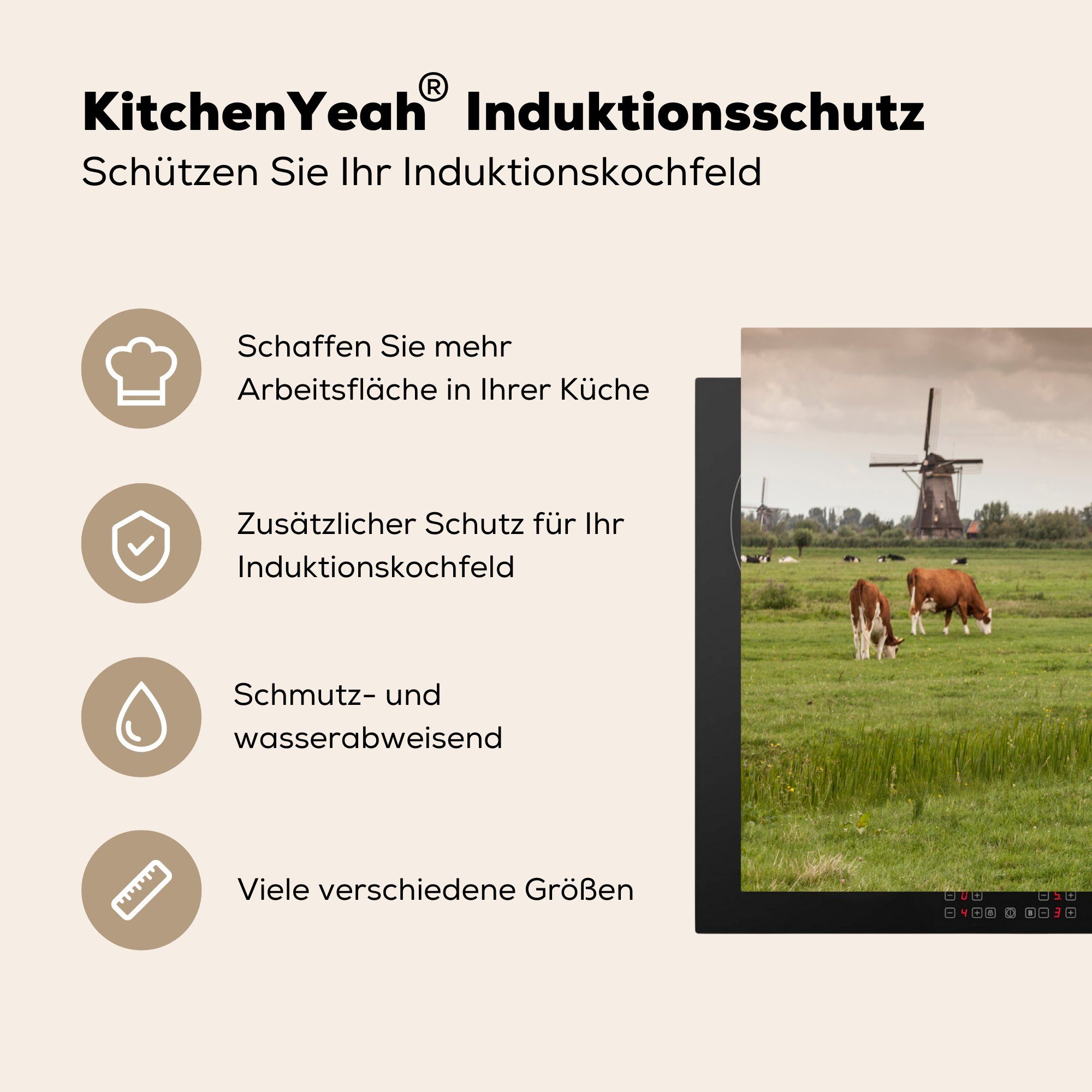 Niederlande, küche Ceranfeldabdeckung, Kühe für 83x51 Vinyl, Arbeitsplatte (1 Herdblende-/Abdeckplatte MuchoWow cm, Mühle - - tlg),