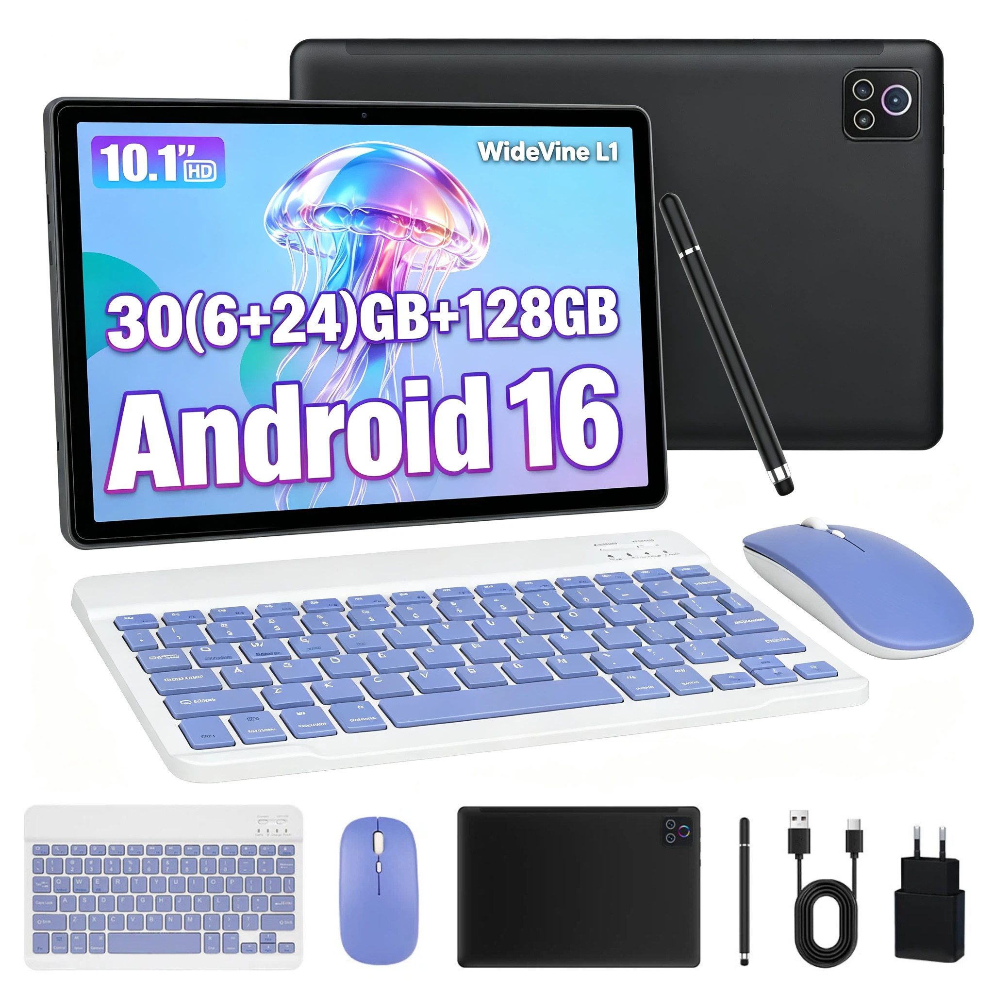BUFO 10 Zoll, 128GB+1TB Erweiterbar, 1280x800 IPS HD, Wifi 6, Android 16 Tablet (10", 128 GB, Android 16, WiFi 6, 30(6+24)GB RAM, mit Stift, Tastatur und Maus, Gemini AI)