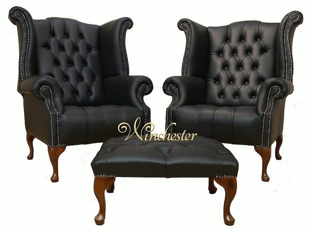 JVmoebel Ohrensessel Chesterfield Leder Sofa Set mit Hocker - Polster Garnitur, Made in Europa