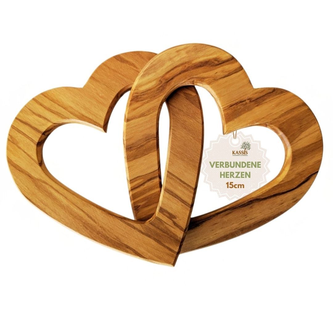 Kassis Geschenkartikel Dekoobjekt Olivenholz Verbundene Herzen Holzdeko Geschenk Gastgeschenk, Hergestellt in Bethlehem, zu Verlobung Hochzeit Valentinstag Jubiläum