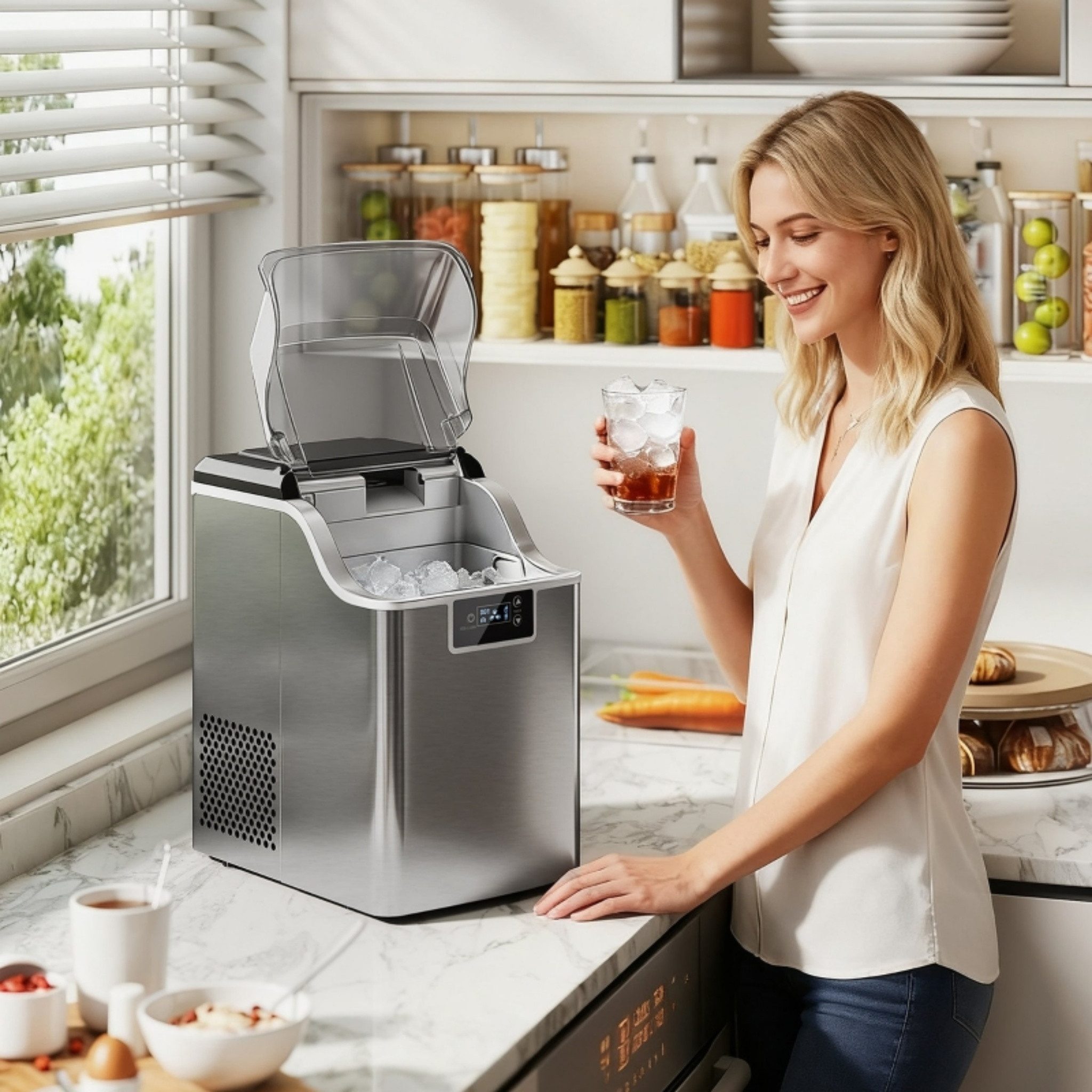 Blossom Eiswürfelmaschine 20kg/24h IceMaker mit 2,1L Wassertank Edelstahlgehäuse Selbstreinigung, tragbar leise Eiswürfelbereiter für Küche & Party, ≤ 46 dB