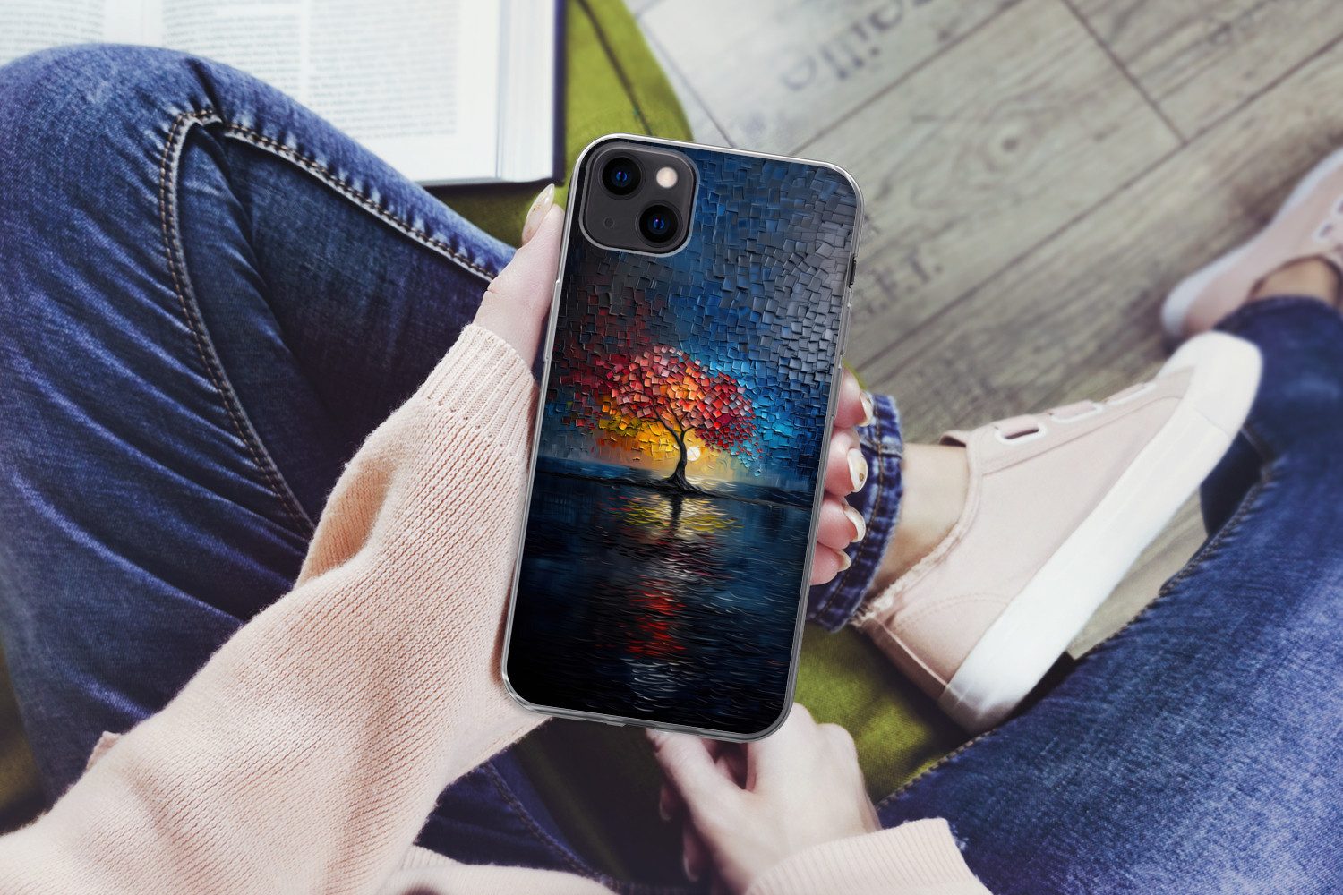 MuchoWow Handyhülle für Apple iPhone 13 mini Baum - Blau - Blätter - Boxen, Smartphone-Bumper, Print, Handy Schutzhülle Dünn