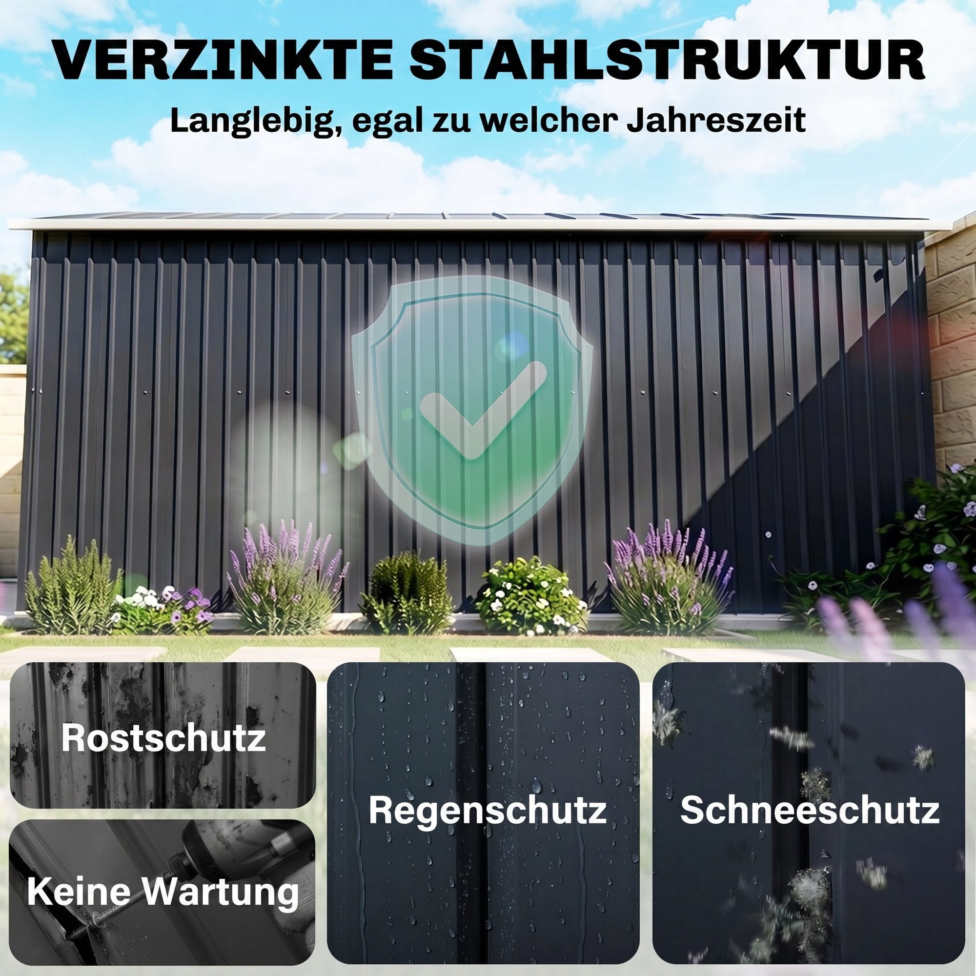 Outsunny Gerätehaus Gartenhaus mit Schiebetür, Fundament, Geräteschuppen, BxT: 340x386 cm, (Gartenhaus, 1 St., Geräteschuppen aus Verzinkter Stahl), wetterfest, – Bild 4 von 5