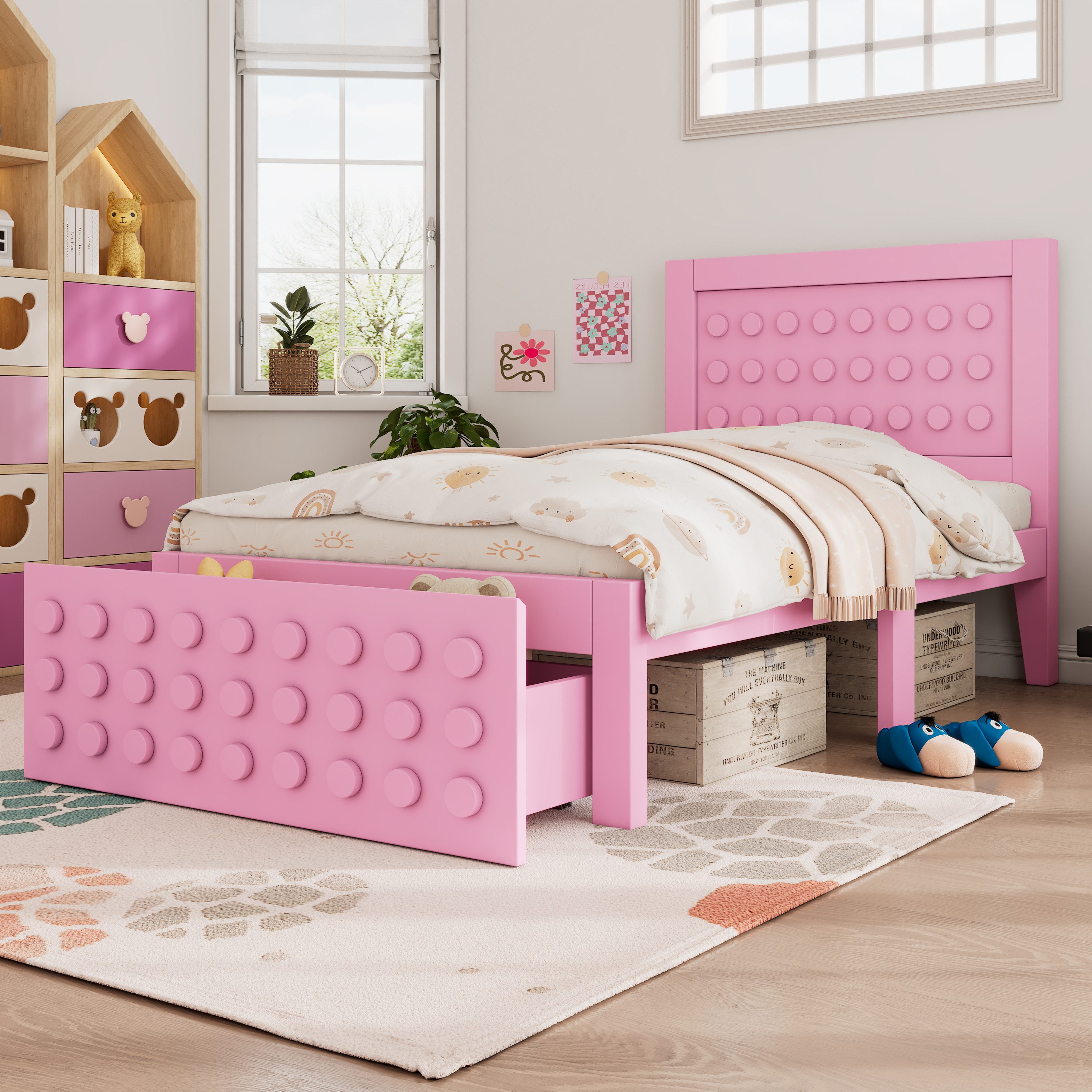 Flieks Kinderbett, Holzbett Einzelbett 90x190cm Bausteine-Form günstig online kaufen