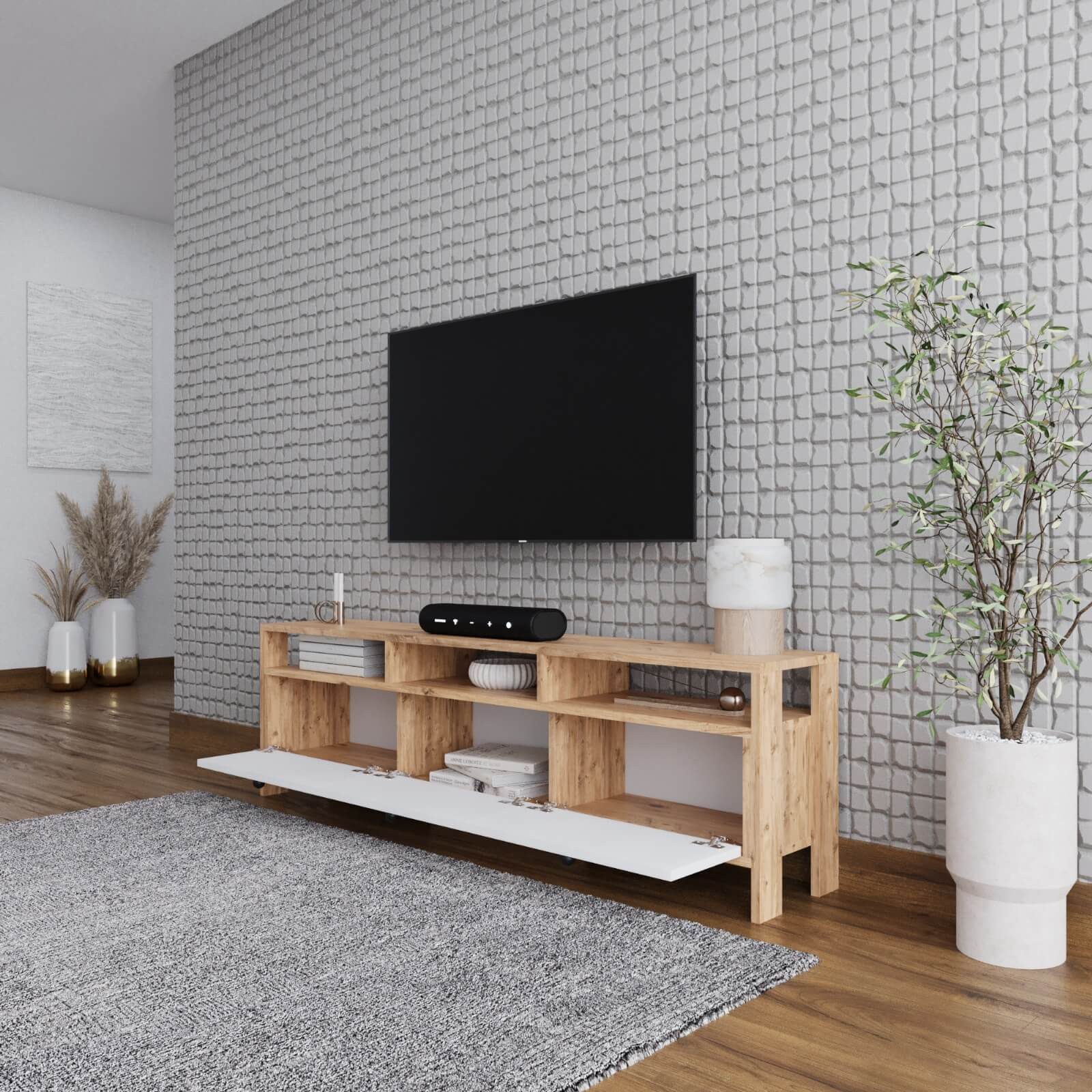 BDR Smart Home Art Lowboard Ibiza TV Board 3 Türen mit Regalen Atlantic Pine & Weiß