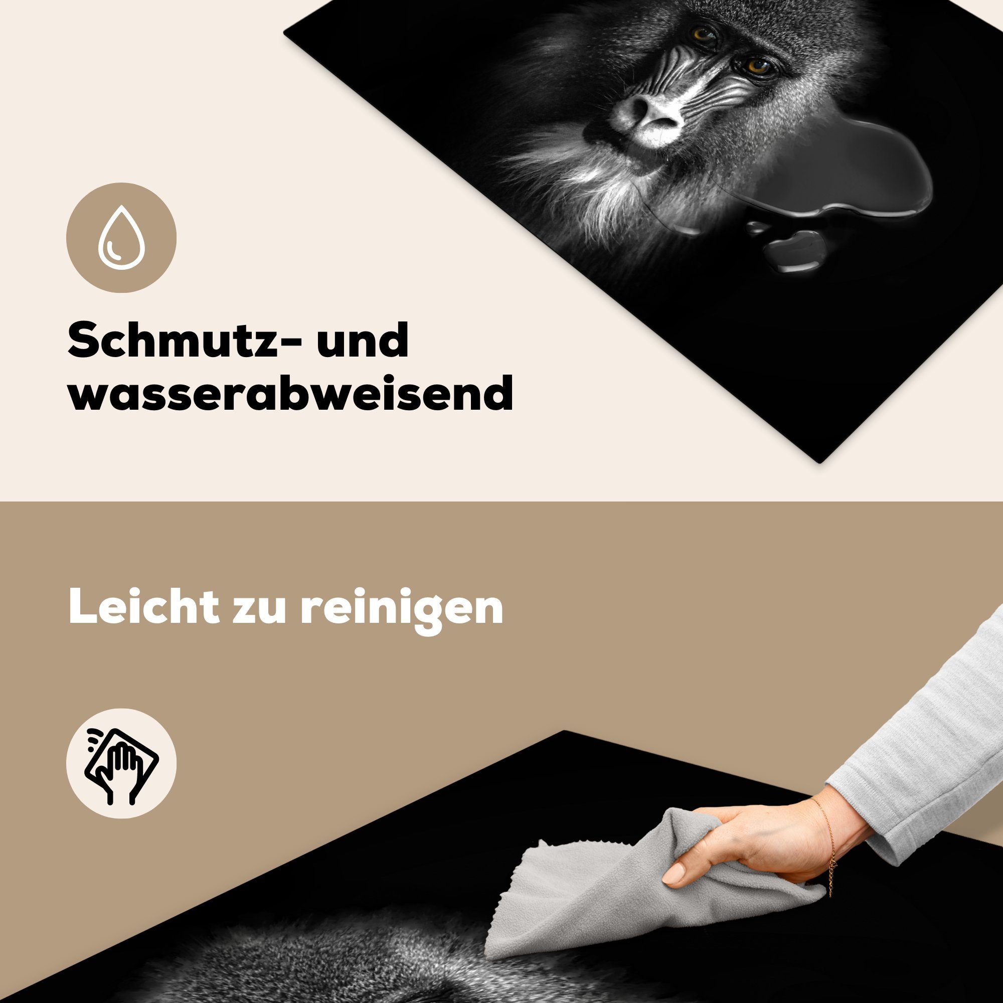 MuchoWow Herdblende-/Abdeckplatte weiß, Tiere Ceranfeldabdeckung, für Schwarz - - cm, Arbeitsplatte - Braun - Augen Vinyl, und tlg), (1 81x52 Affe küche