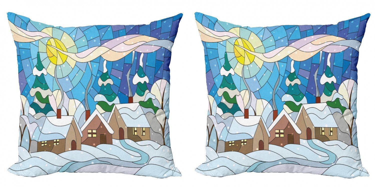 Snowy Buntglas Kissenbezüge Winter Stück), Digitaldruck, (2 Accent Abakuhaus Modern Doppelseitiger Dorf