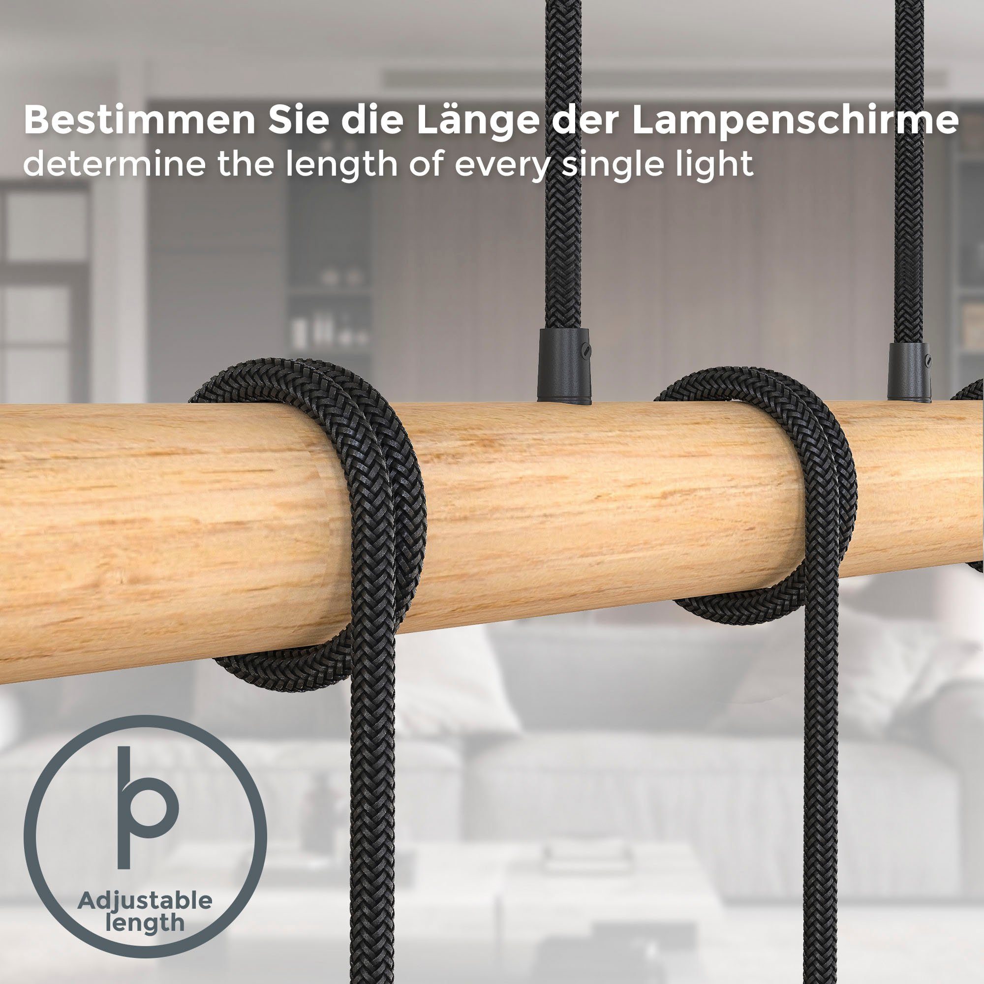 B.K.Licht Pendelleuchte BK_PL1339 Holz-Pendellampe, Schwarz matt, Hängelampe Esstisch, ohne Leuchtmittel, 5-flammig, E27-Fassung, ohne Leuchtmittel (max. 60W), L: 90cm