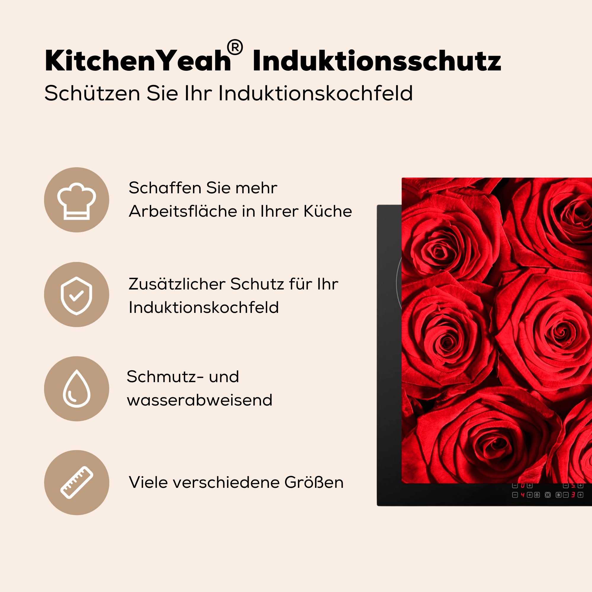 Vinyl, Rosen 71x52 Herdblende-/Abdeckplatte tlg), küche, (1 - Rose für Rot, Induktionskochfeld die cm, - MuchoWow Ceranfeldabdeckung Schutz