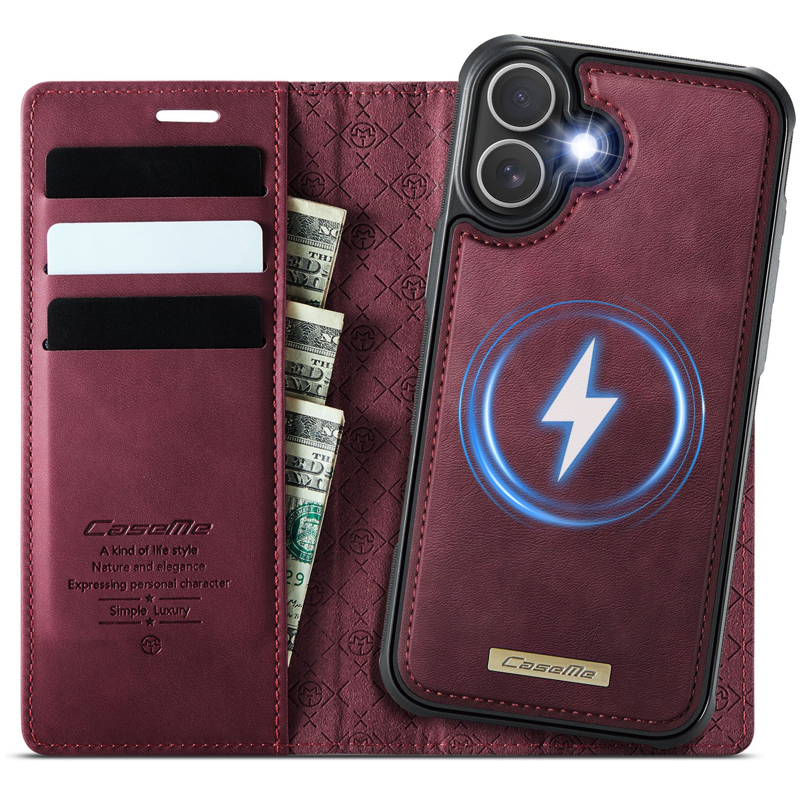 Cachito Handyhülle Hülle für iPhone 17/16, Echtleder Handyhülle,2 IN 1 Magnet Klapphülle, Abnehmbare Handyhülle mit kabellosem Laden, 3 Kartenfächern & Ständer