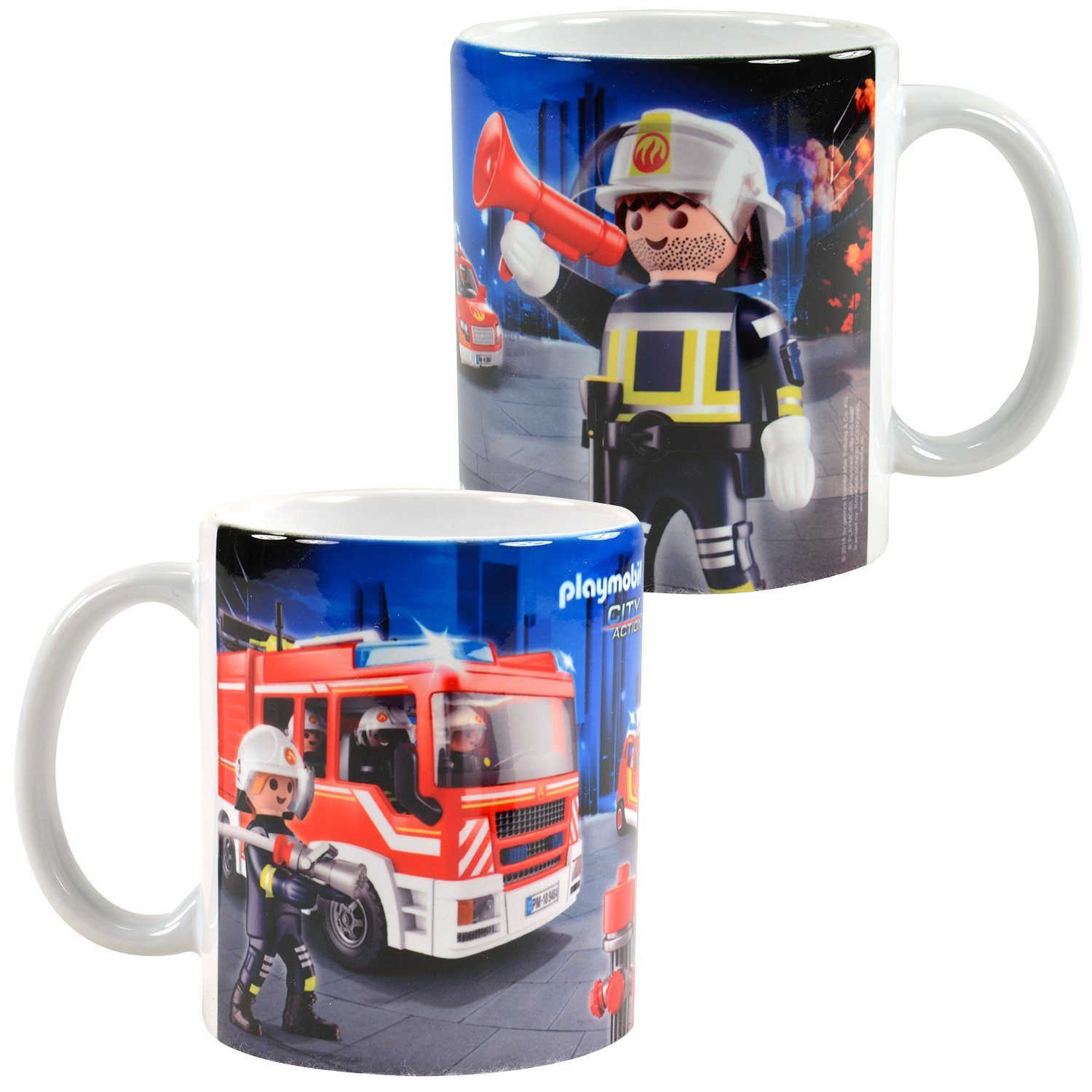 United Labels® Tasse Playmobil Tasse City Action - Feuerwehr Kaffeetasse  Becher Kaffeebecher aus Keramik Blau 320 ml, Keramik