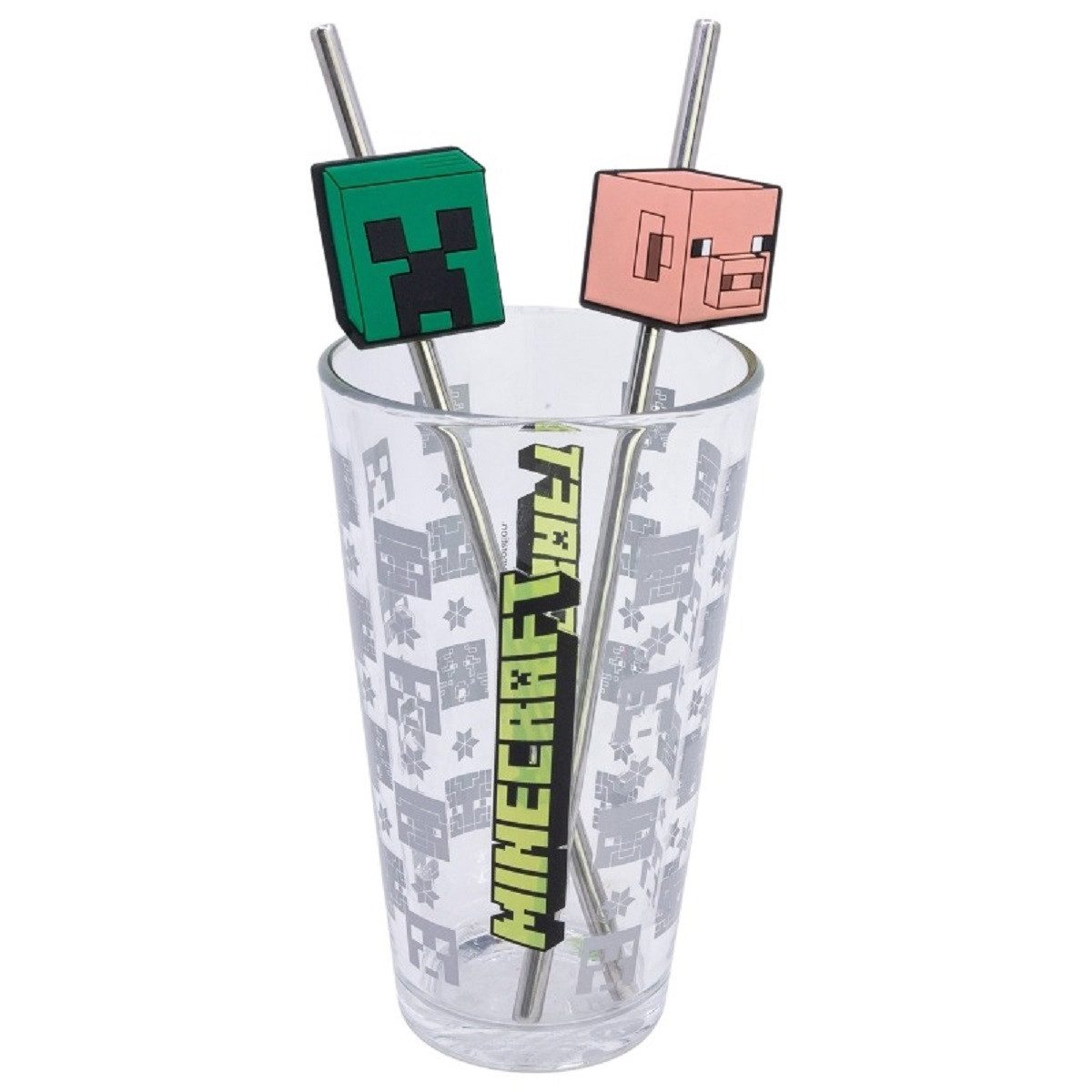 Minecraft Glas 480 ml mit 2 Edelstahl Trinkhalmen, 3-tlg., Glas
