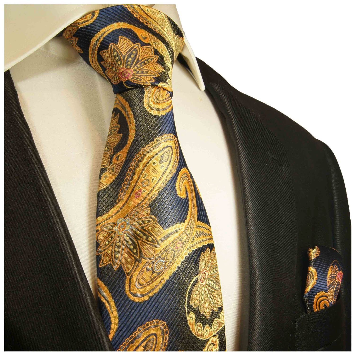 Paul Malone Krawatte Herren Seidenkrawatte mit Tuch modern paisley brokat 100% Seide (Set, 2-St., Krawatte mit Einstecktuch) Schmal (6cm), blau gelb gold 2025 blau gold
