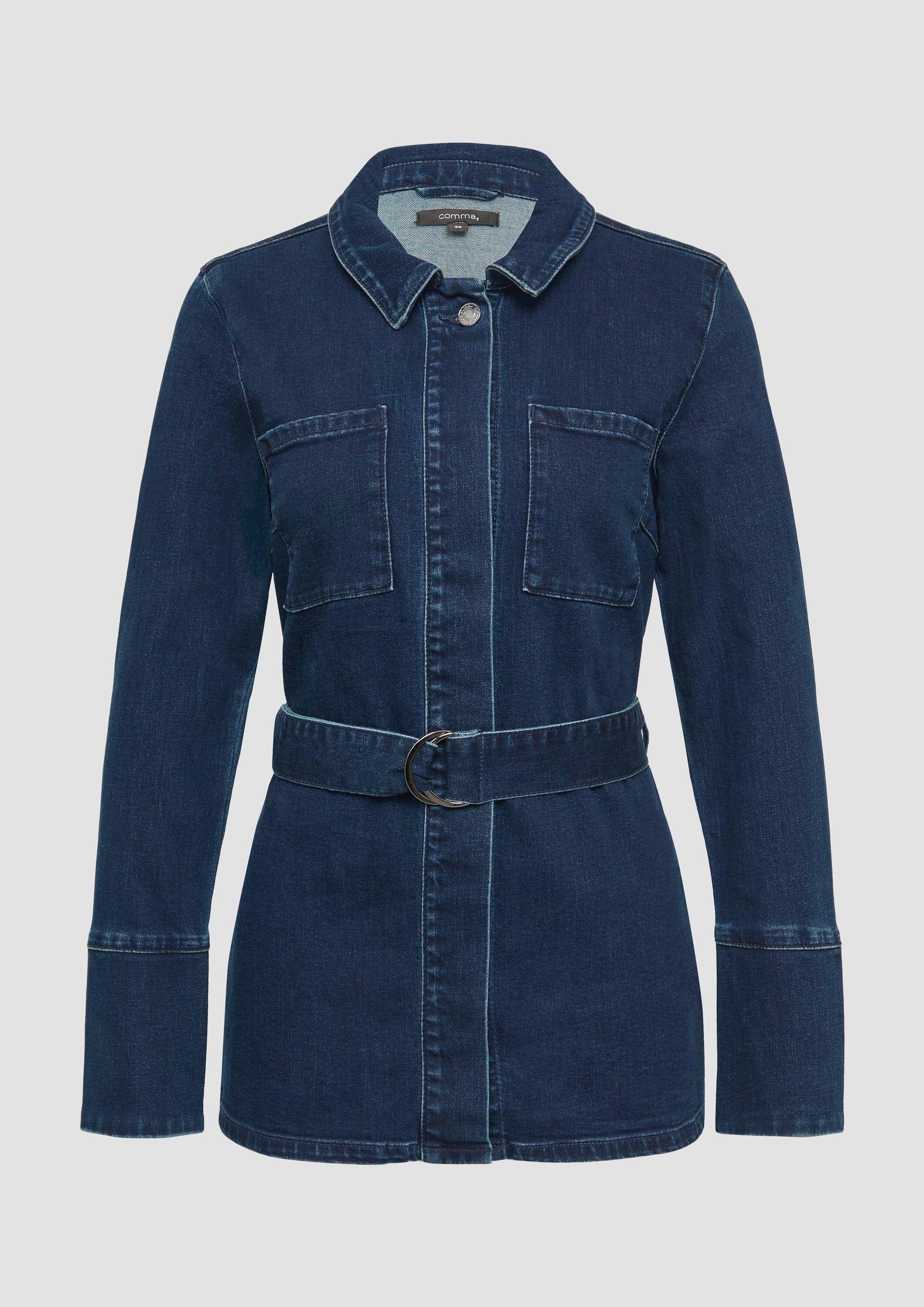 comma Funktionsjacke Indoor-Jacke Elegante Denimjacke mit Umlegekragen und Bindegürtel