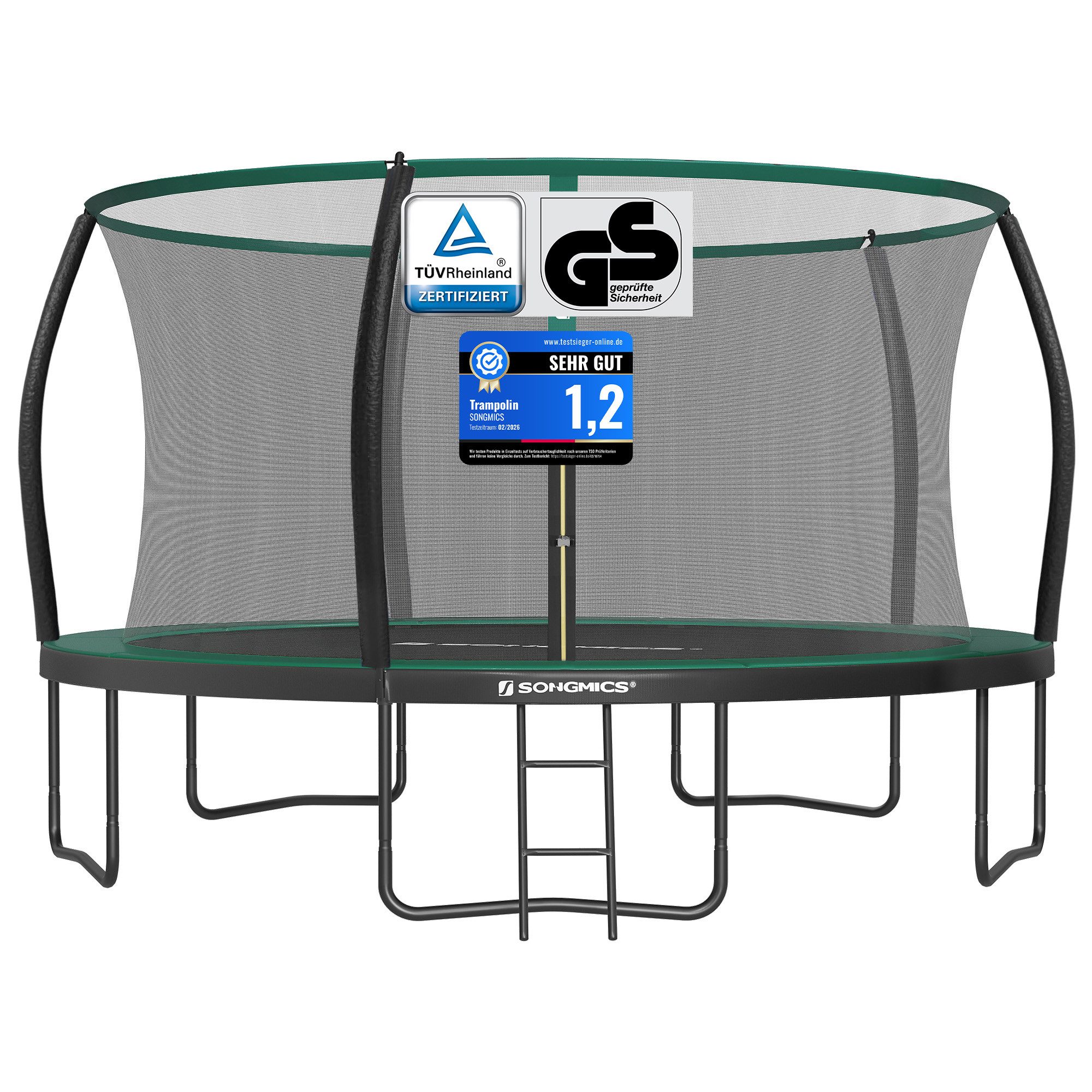SONGMICS Gartentrampolin Ø 244/305/366/427 cm, Ø 427 cm, bis zu 80-150 kg belastbar, Trampolin mit Leiter und Sicherheitsnetz