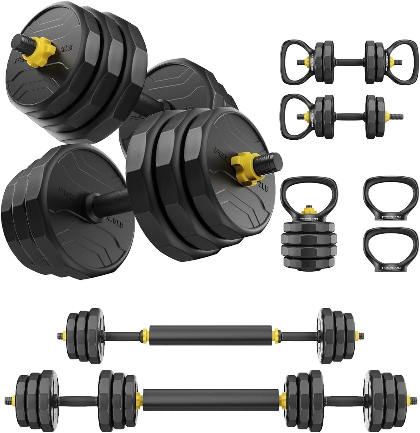 Hantel 20-40kg Hantelset, 4-in-1, für Langhantel, Kettlebell & Liegestütz
