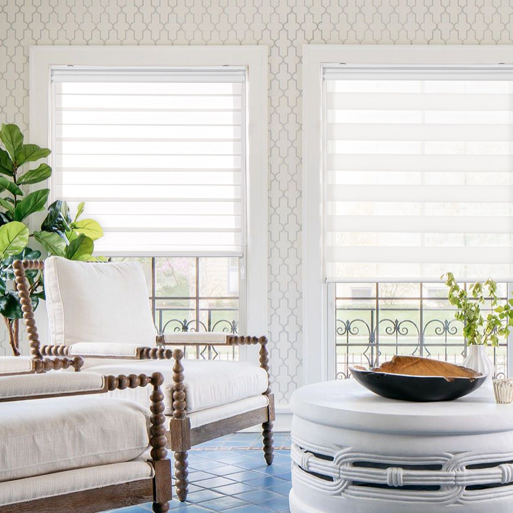 Doppelrollo Premium Doppelrollo / Duo Rollo, 80 x 175 cm, weiß, Victoria M., blickdicht, ohne Bohren, freihängend, verschraubt, Lichtdurchlässig und verdunkelnd mit Kettenzug Wand- o. Deckenmontage