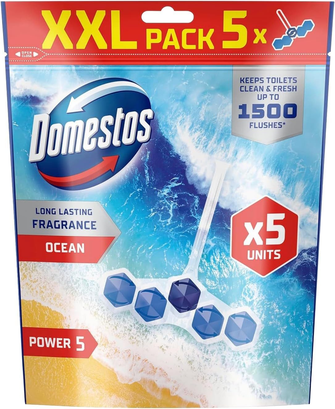 DOMESTOS 1x Domestos Power 5 Ocean WC Stein für bis zu 300 Spülungen, 5 x 50 g WC-Reiniger (1-St. WC-Erfrischer mit langanhaltendem Duft)