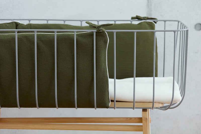 KraftKids Bettnestchen Doppelkrepp Grün Herbstgrün, für 140x70 cm Bett, 100% Baumwolle, abnehmbarer Bezug, Befestigungsbänder, drei Füllkissen