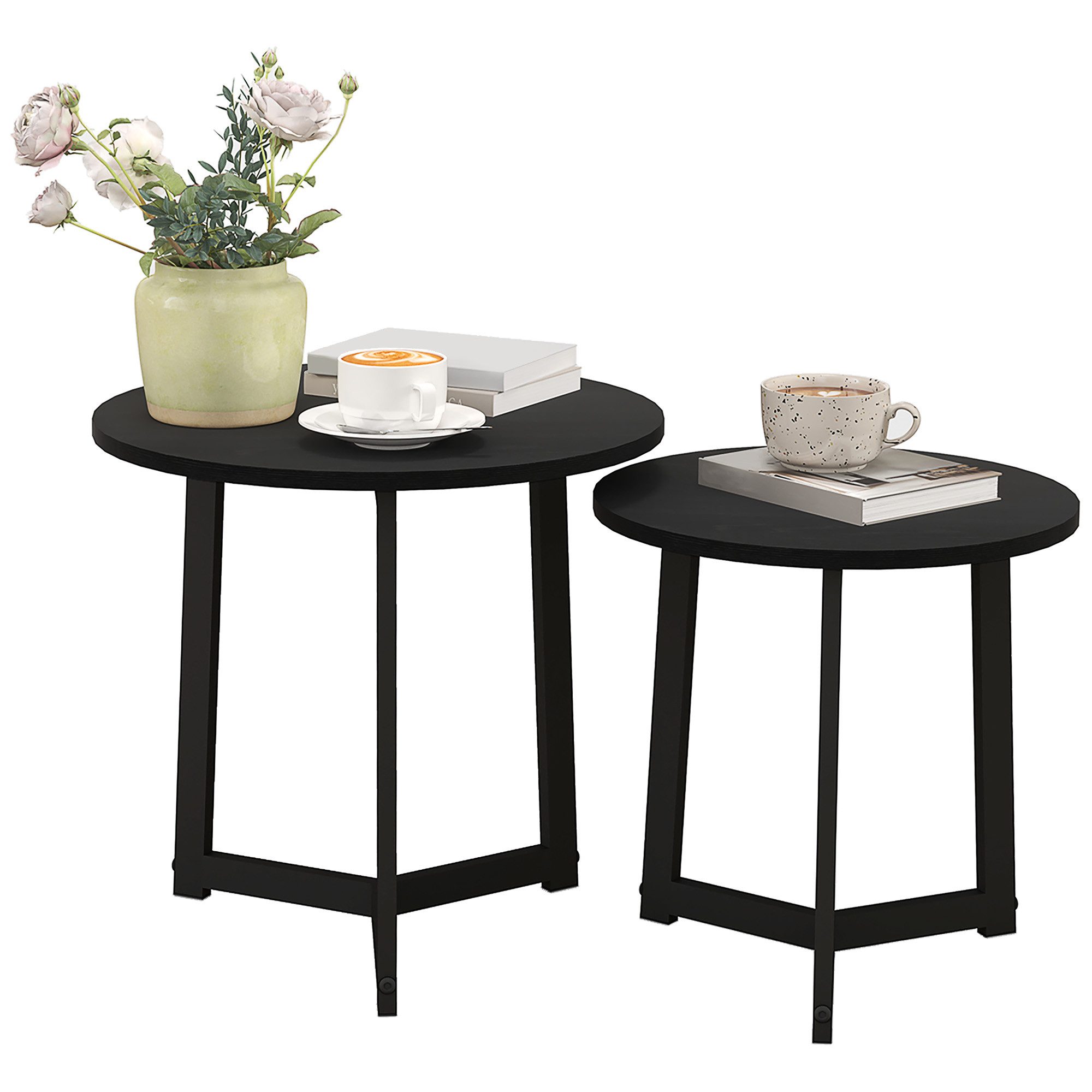 HOMCOM Couchtisch Beistelltisch aus MDF und Stahl, Stapelbar, Sofatisch (Kaffeetisch, 2-St., Eckiger Beistelltisch), für Wohnzimmer, bis 35 kg Belastbar, Schwar – Bild 2 von 5