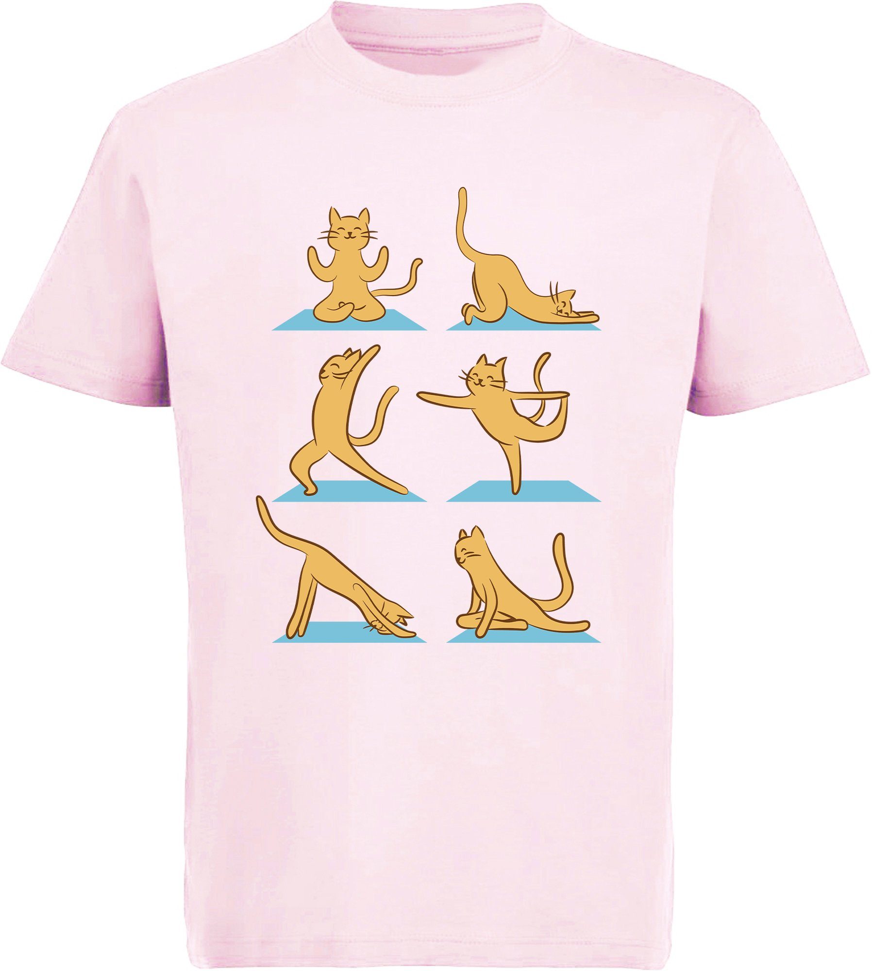 T-Shirt MyDesign24 i131 weiß, schwarz, Katze rot, Mädchen Yoga rosa, Baumwollshirt bedrucktes mit Aufdruck, Print-Shirt